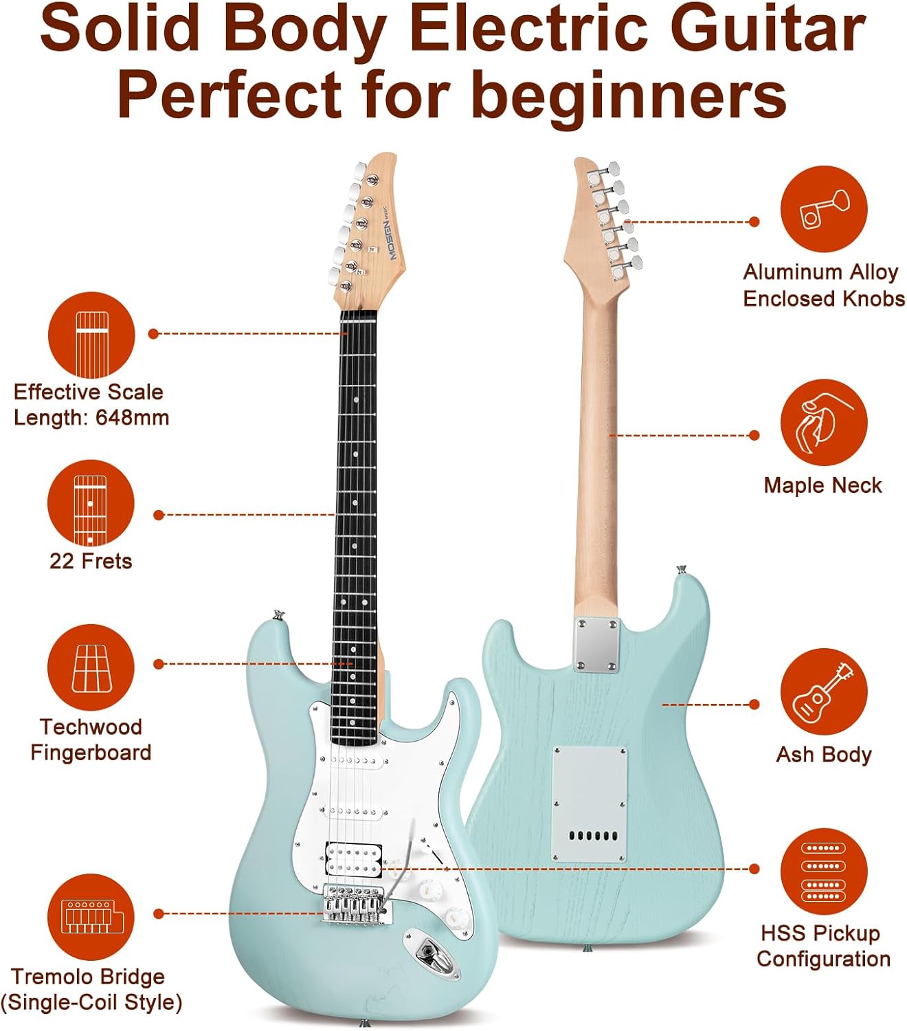 Mosen 39 Inch Electric Guitar with HSS Pickups & Single-Coil Tremolo System - with 5W Amp, Techwood Fingerboard, C-Shaped Satin Neck, All Accessories Included Gig Bag, Tuner, String, Capo, Strap