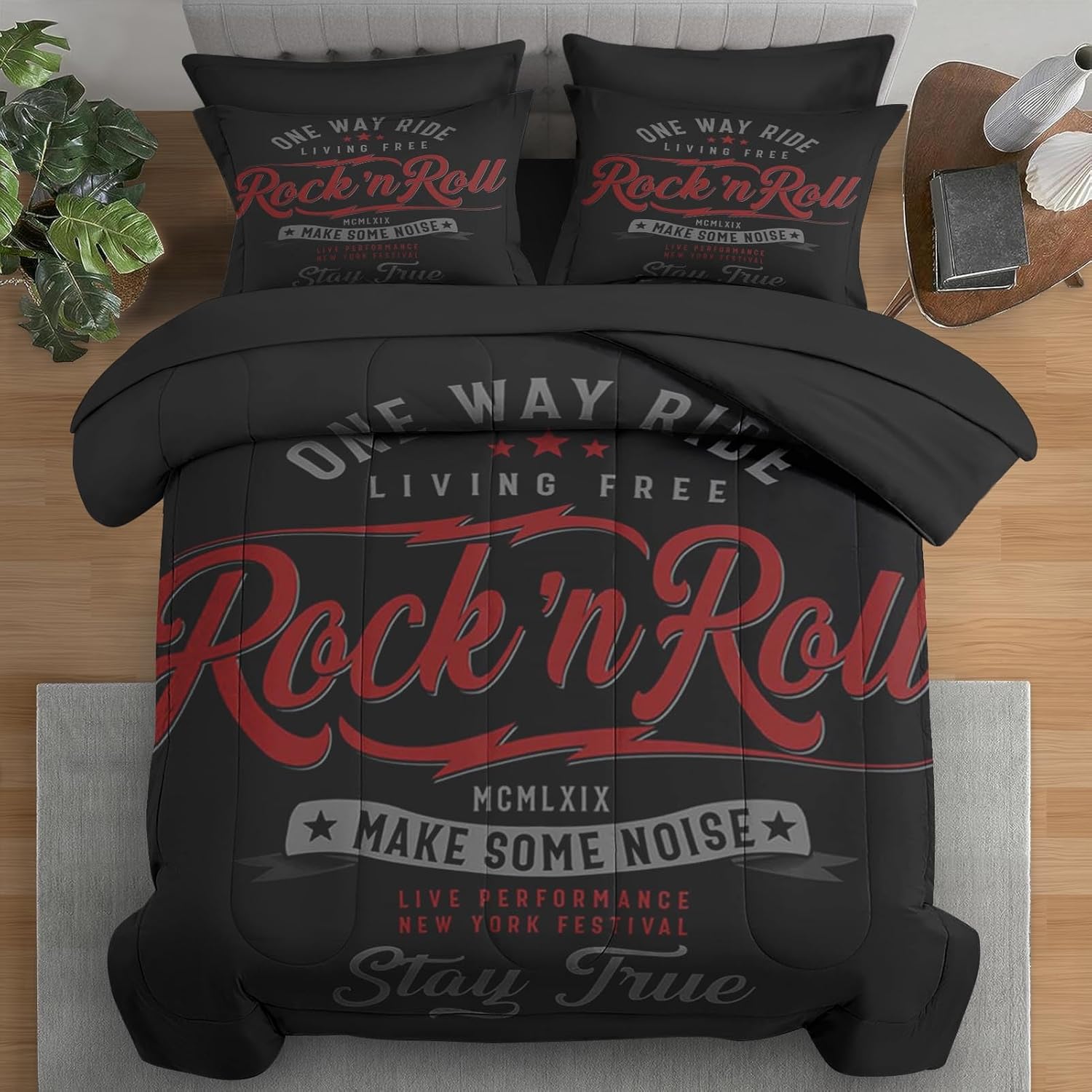 Comforter Set Queen Size, Vintage Music Boys 7 Pcs Bedding for Kids and Adults, Retro Rock Roll Black Red Bed Sheet Sets with Fitted Sheet 2 Pillowcase & 2 Sham for Bedroom Bed Decor