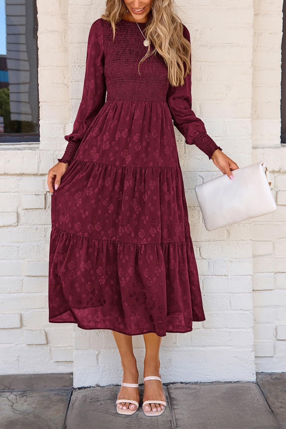 PRETTYGARDEN Women's Fall Spring Midi Dress Long Sleeve Floral Smocked Elegant Wedding Guest Long Flowy Dresses with Pockets