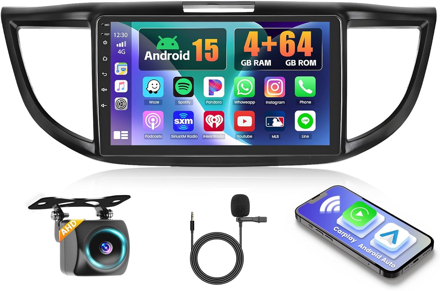 4+64GB Android 15 Car Radio for Honda CRV 2012-2016 with Wireless CarPlay Android Auto, Realdio 9 Inch Touchscreen for CRV Car Stereo with Bluetooth 5.0, FM/RDS, 32EQ, GPS, WiFi, UI, Backup Camera