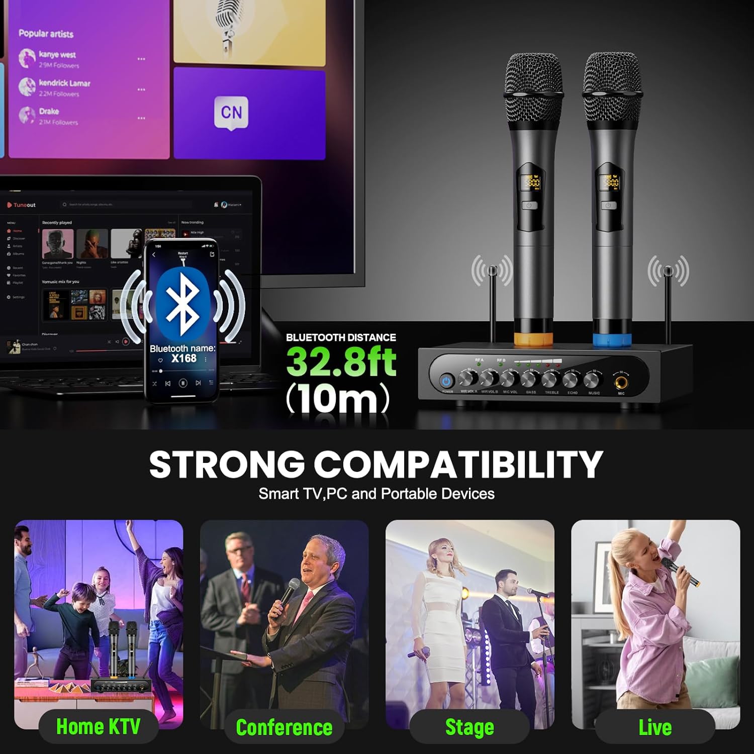 Wireless Microphone System Cordless Dynamic Mic UHF Dual Channel Wireless Handheld Microphone with Echo Bluetooth Volume Control for Karaoke Singing Church for Amplifier Speaker Mixer