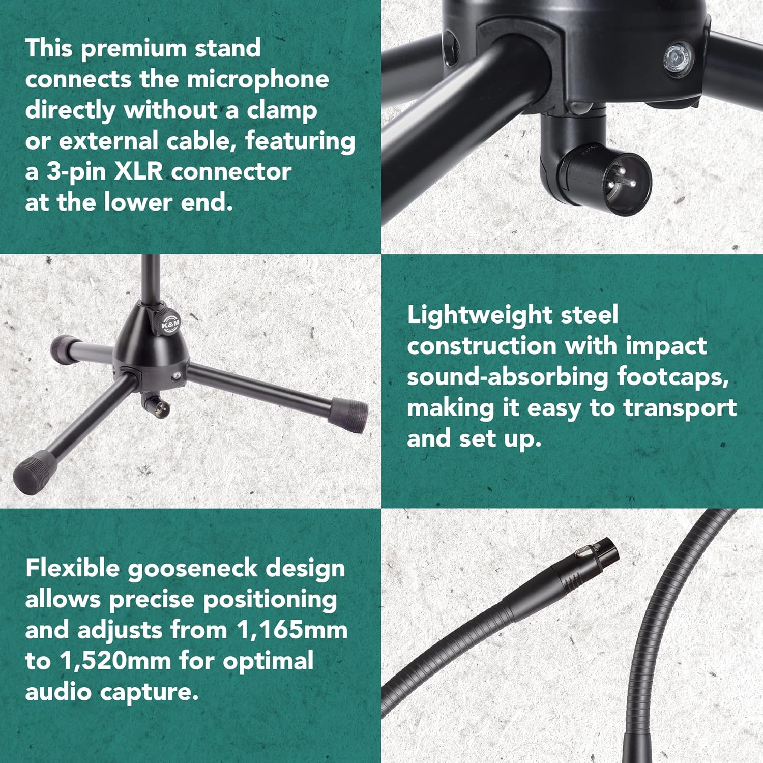 K&M Konig & Meyer XLR Microphone Stand with Gooseneck - Black Mic Stand for Studio, Stage or Rehearsal - Lightweight Boom Arm Made of Steel and Foldable Legs - 3.3kg