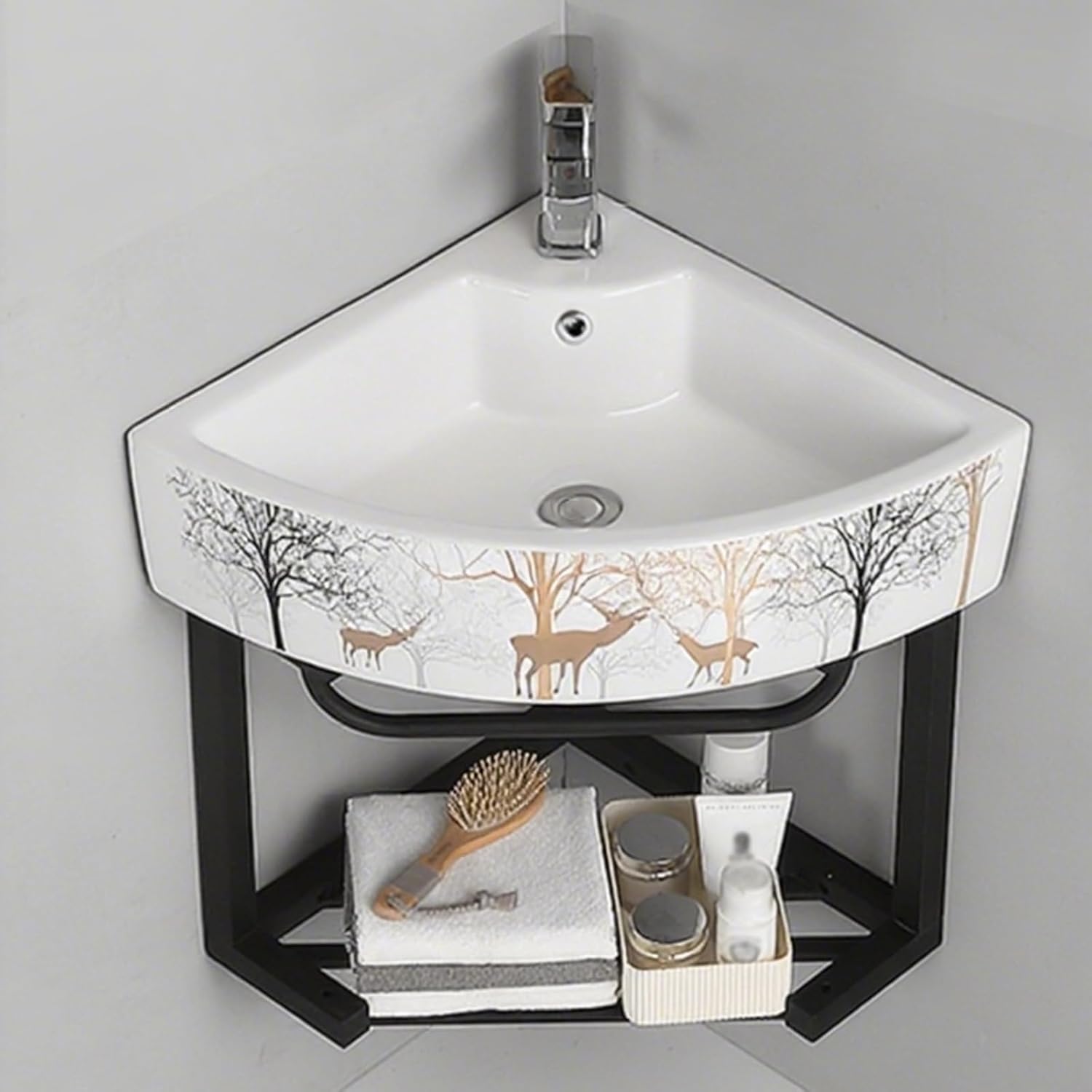 Wall Mount Corner Ceramic Sink Corner Bathroom Vanity Bathroom Sinks with Storage Container Modern Bathroom Storage Cabinet for Small Space Bathroom Cabinet with Faucet and Drain(B)