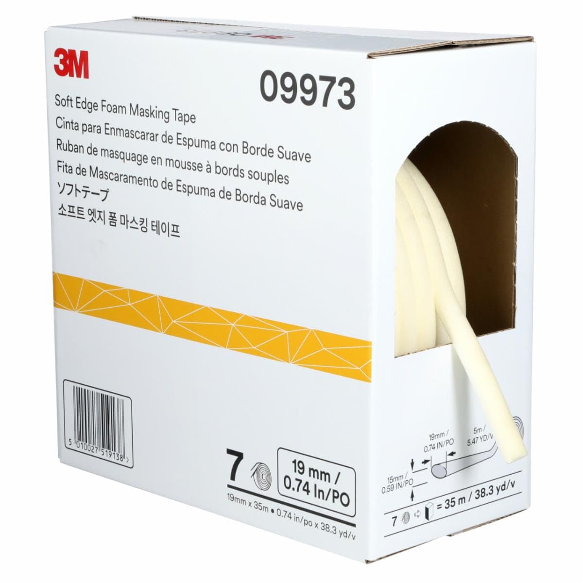3M Soft Edge Foam Masking Tape, White, 19 mm x 35 m, 09973