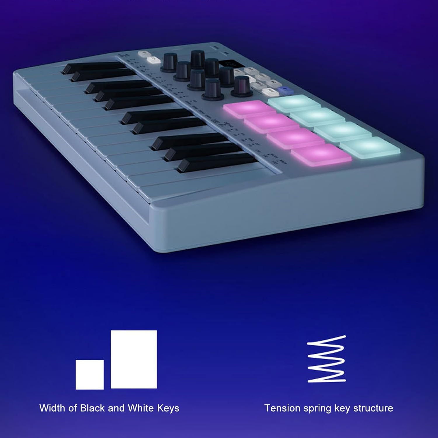 Professional MIDI Keyboard, Bluetooth USB MIDI Keyboard Controller, with 25 Key 8 Backlit Drum Pads 8 Knobs, for Musician Music Production