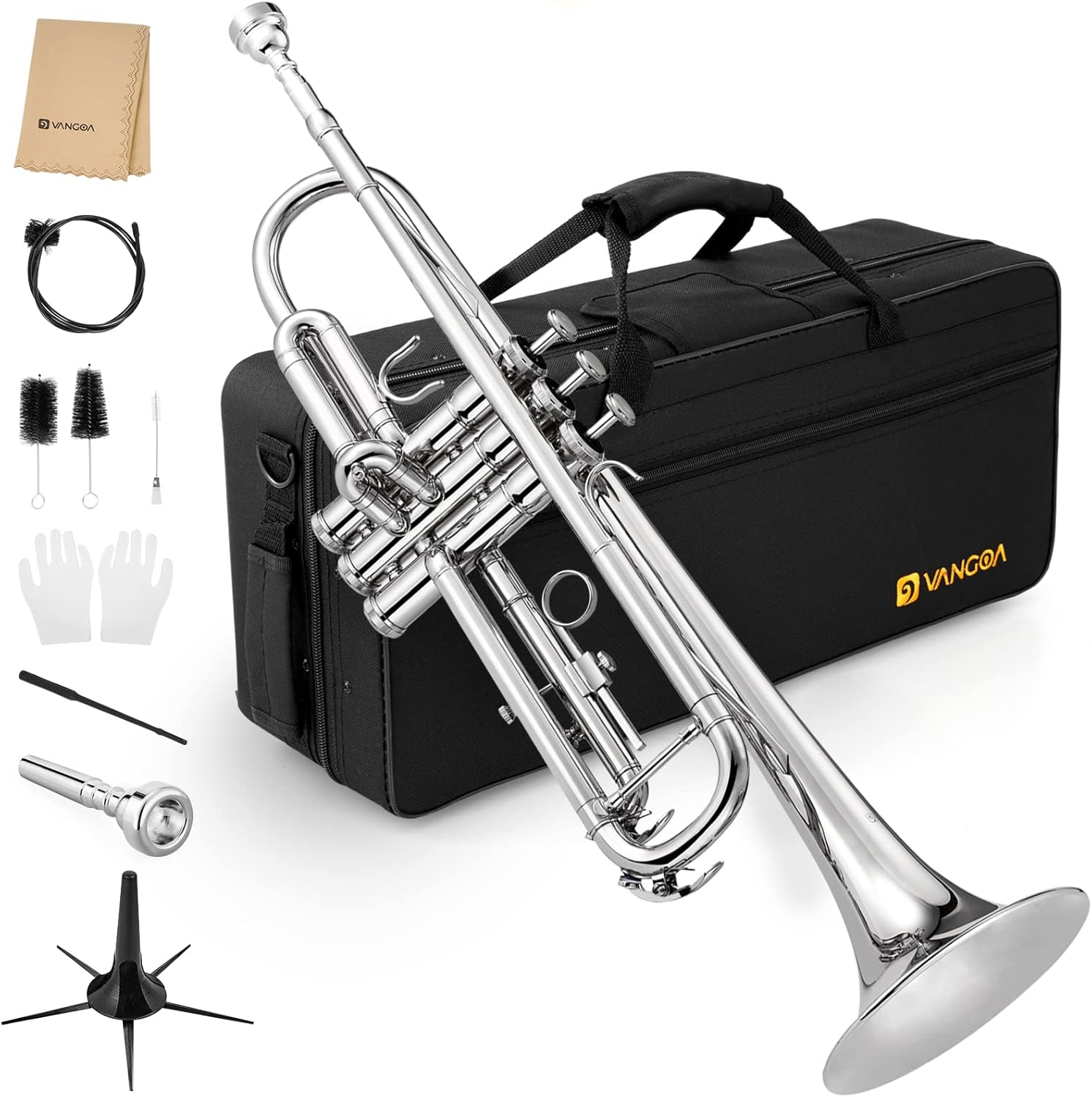 Vangoa Trumpet Bb Standard Student for School Band Brass Orchestra Adult Kid Beginner with Stand, Hard Case, Cleaning Kit, Gloves and 7C Mouthpiece, Silver