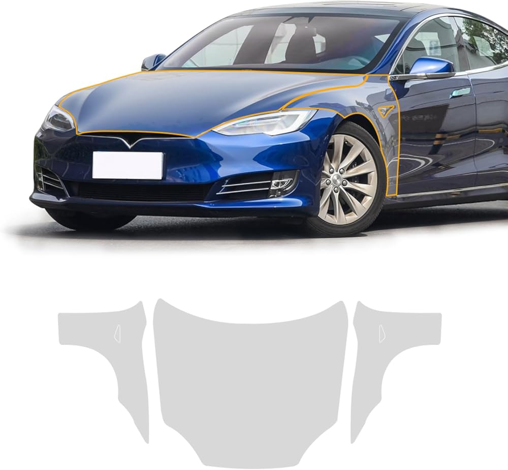 Clear Car Pre-Cut Paint Protective Film for Tesla Model S 2016-2020 Self Adhesive TPU Rainproof Waterproof HD Scratch Exterior Accessories (Car Hood&Fender 3Pcs)