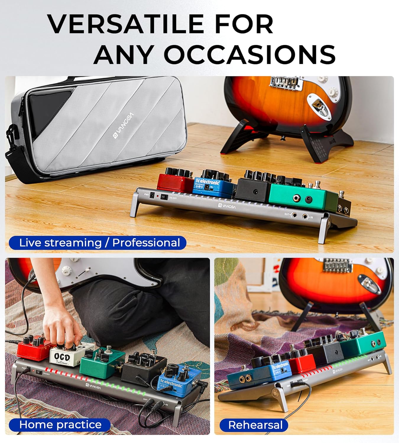 Vangoa Guitar Pedal Board with Built-in Isolated Power Supply, VPPD-S Aluminum Small Portable Folding Powered Guitar Pedalboard with Carry Bag, 2.8lb, Gray