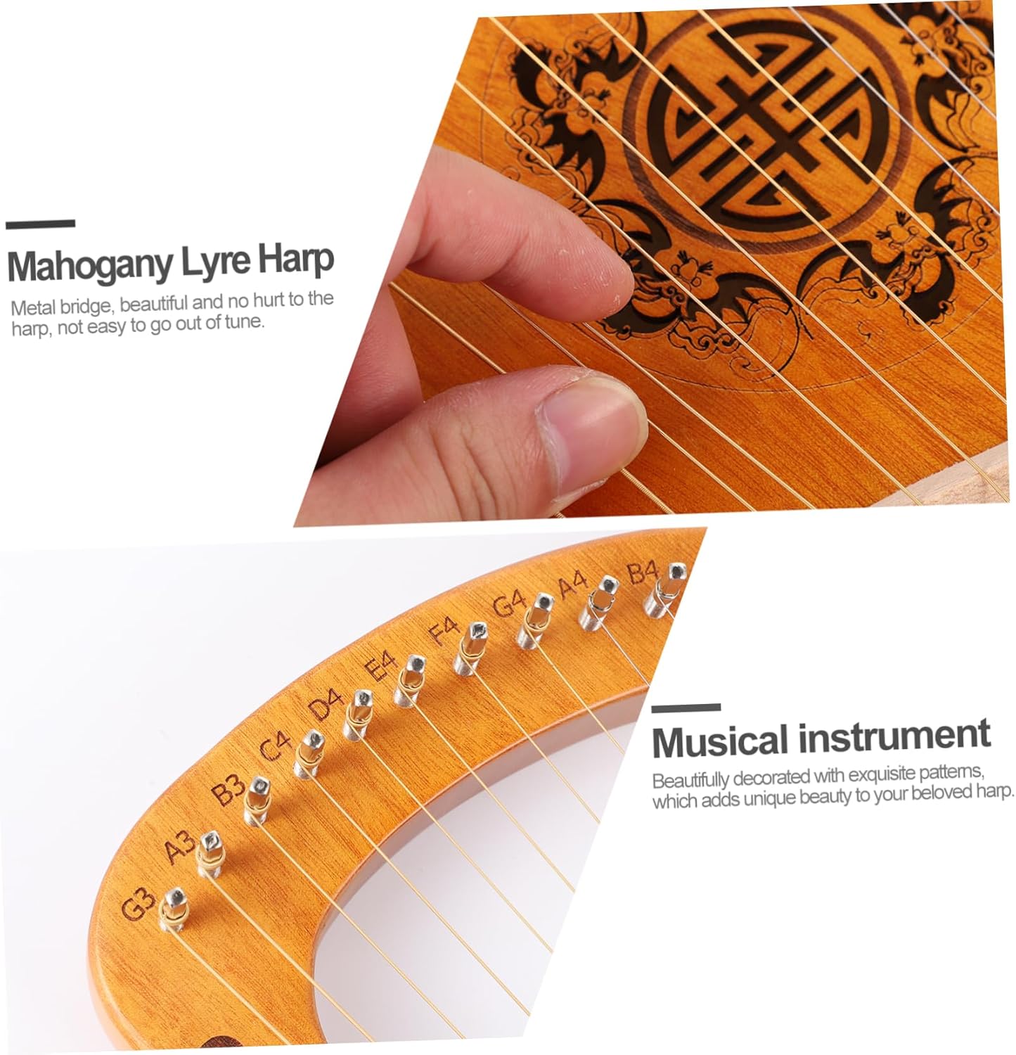 FAVOMOTO String Lyre Harp Portable Ancient Style Music Instrument for Beginners Made of Okoume Wood Includes Tuning Wrench and Decorative Patterns for Musicians and Music
