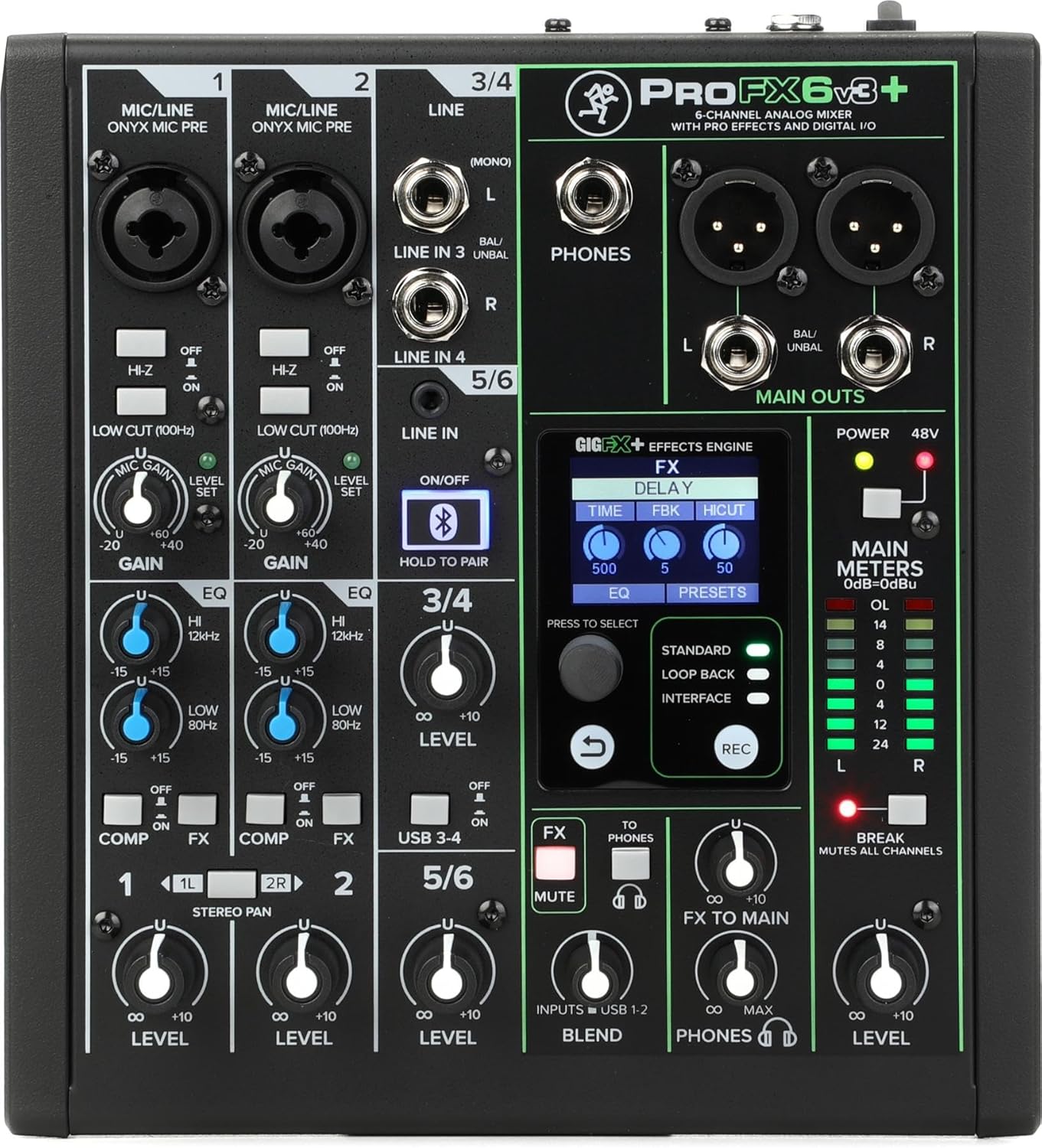Mackie ProFX6v3+ 6-Channel Professional Analog Mixer with USB, Onyx Mic Preamps, GigFX Effects Engine, and Bluetooth