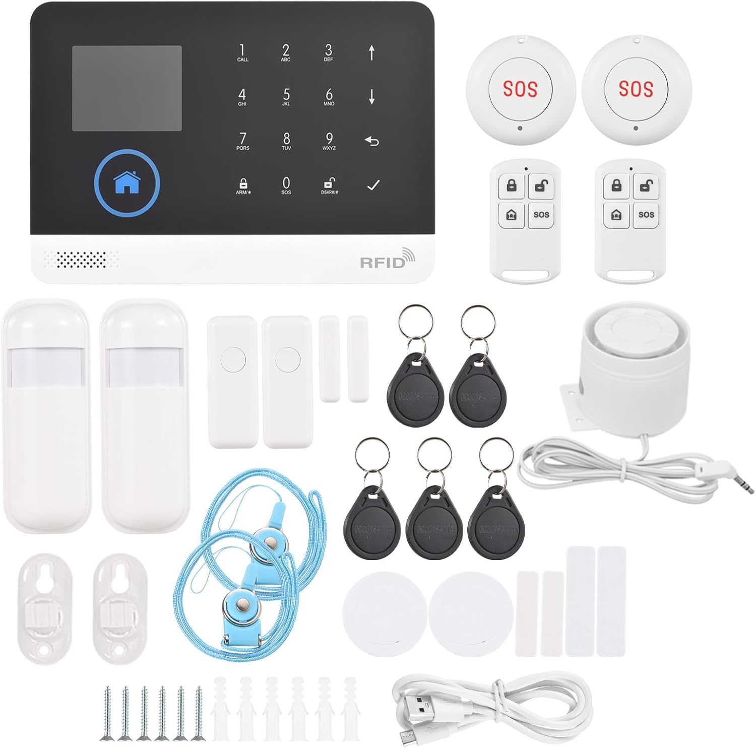 WIFI GSM Home Alarm Security System, 2.4in LCD Wireless DIY Smart Home Burglar Security Alarm System 13 Piece Kit, Compatible with Alexa Google Home Voice Control