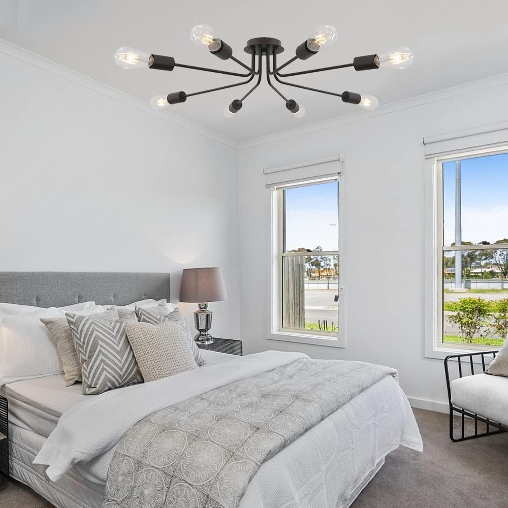 Modern 8 Light Ceiling Light Industrial Metal Oil Rubbed Bronze Sputnik Chandelier Semi Flush Mount Light for Dining Room Living Room Kitchen Bedroom Cafe Bar Hallway