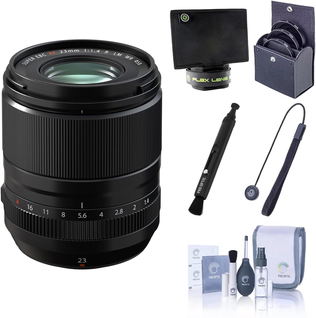Fujifilm XF 23mm f/1.4 R LM WR Lens, Black, Bundle with 58mm Essentials Filter Kit, Lens Shade, Cleaning Kit, Lens Cap Tether