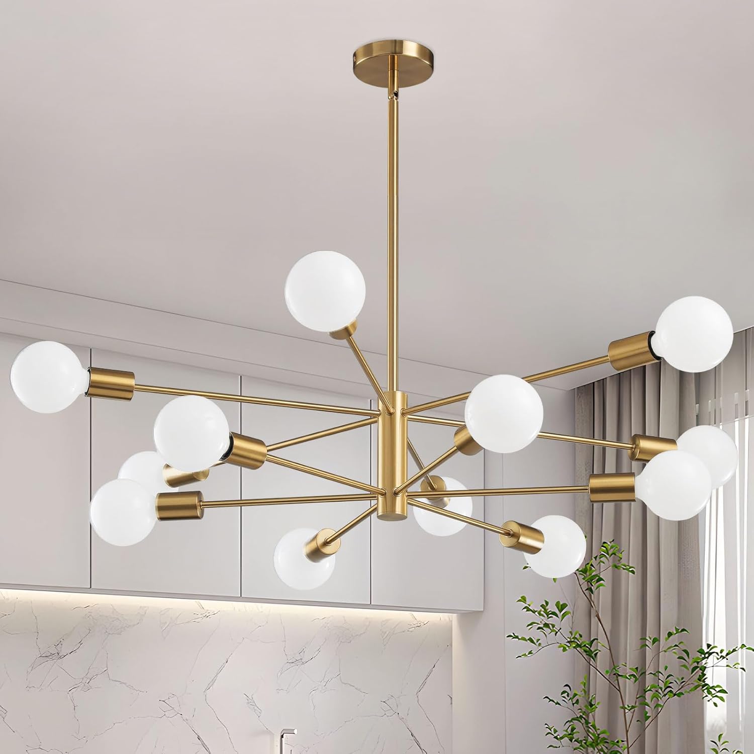 Modern Sputnik Chandeliers Light, 12-Light Gold Gold Dining Room Chandelier Over Table, Height Adjustable Industrial Semi Flush Mount Mid Century Chandelier for Kitchen Island Living Room