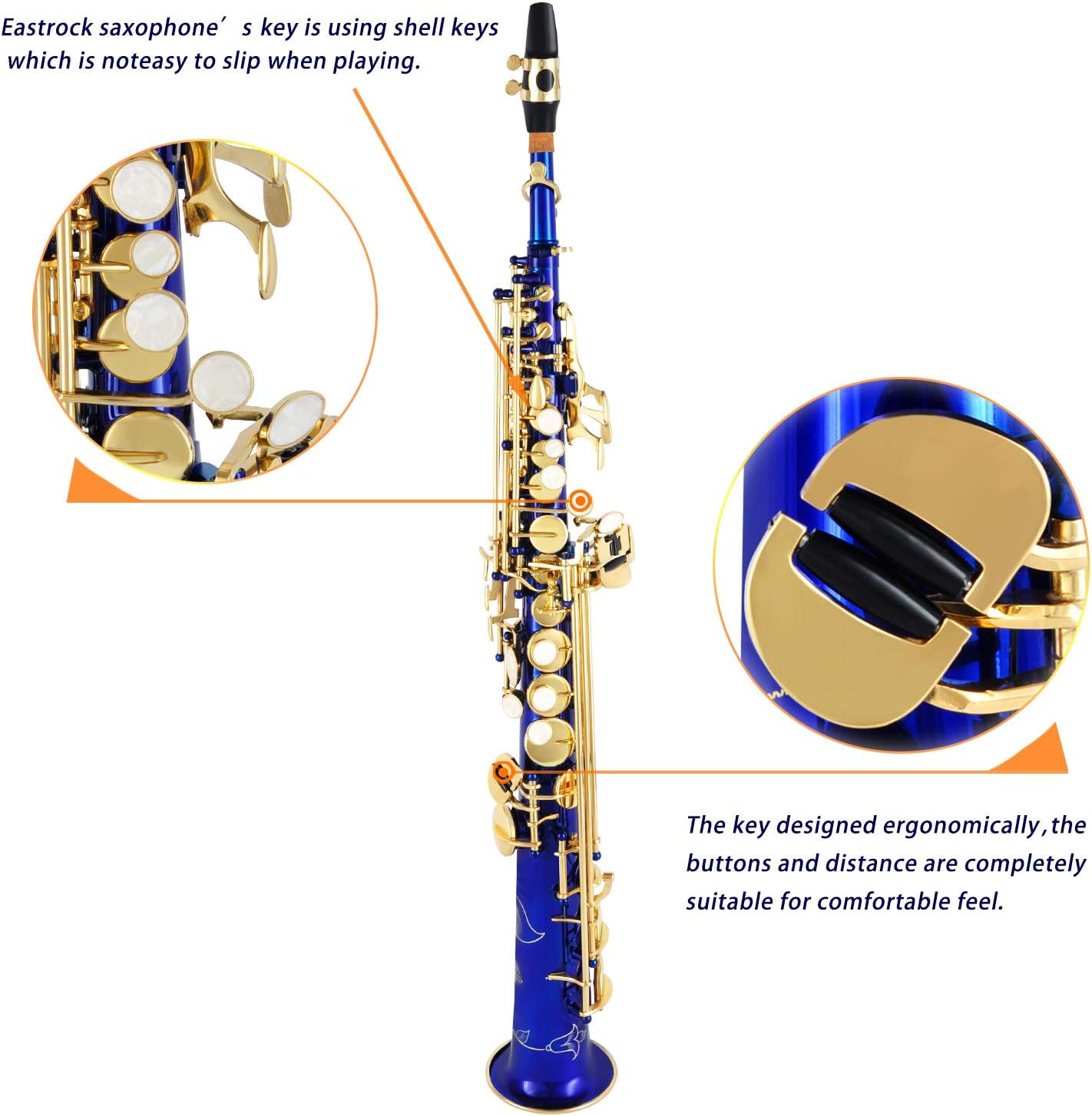 EASTROCK Bb Soprano Saxophone Straight Blue Sax Instruments for Beginners Intermediate Players with Carrying Case,Mouthpiece,Pads,Reed,Cleaning kit,Neck Strap,White Gloves