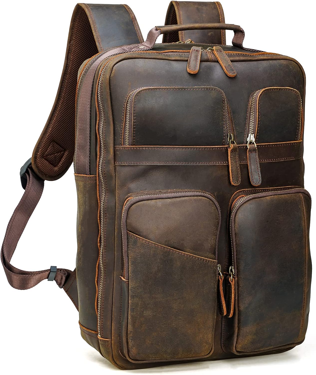 17.3 Inch Full Grain Genuine Leather Backpack Multi Pockets Business Travel Laptop Rucksack Gift Box (Brown)