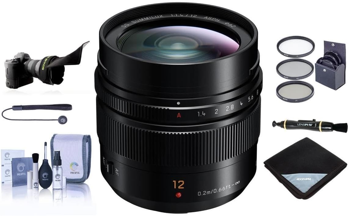Panasonic LUMIX G Leica DG Summilux Lens, 12mm, F1.4 ASPH, Wide Angle, Professional Mirrorless Micro Four Thirds, H-X012 (USA Black) Bundle with Filters, Lens Shade + Wrap, LensPen, Cleaning Kit