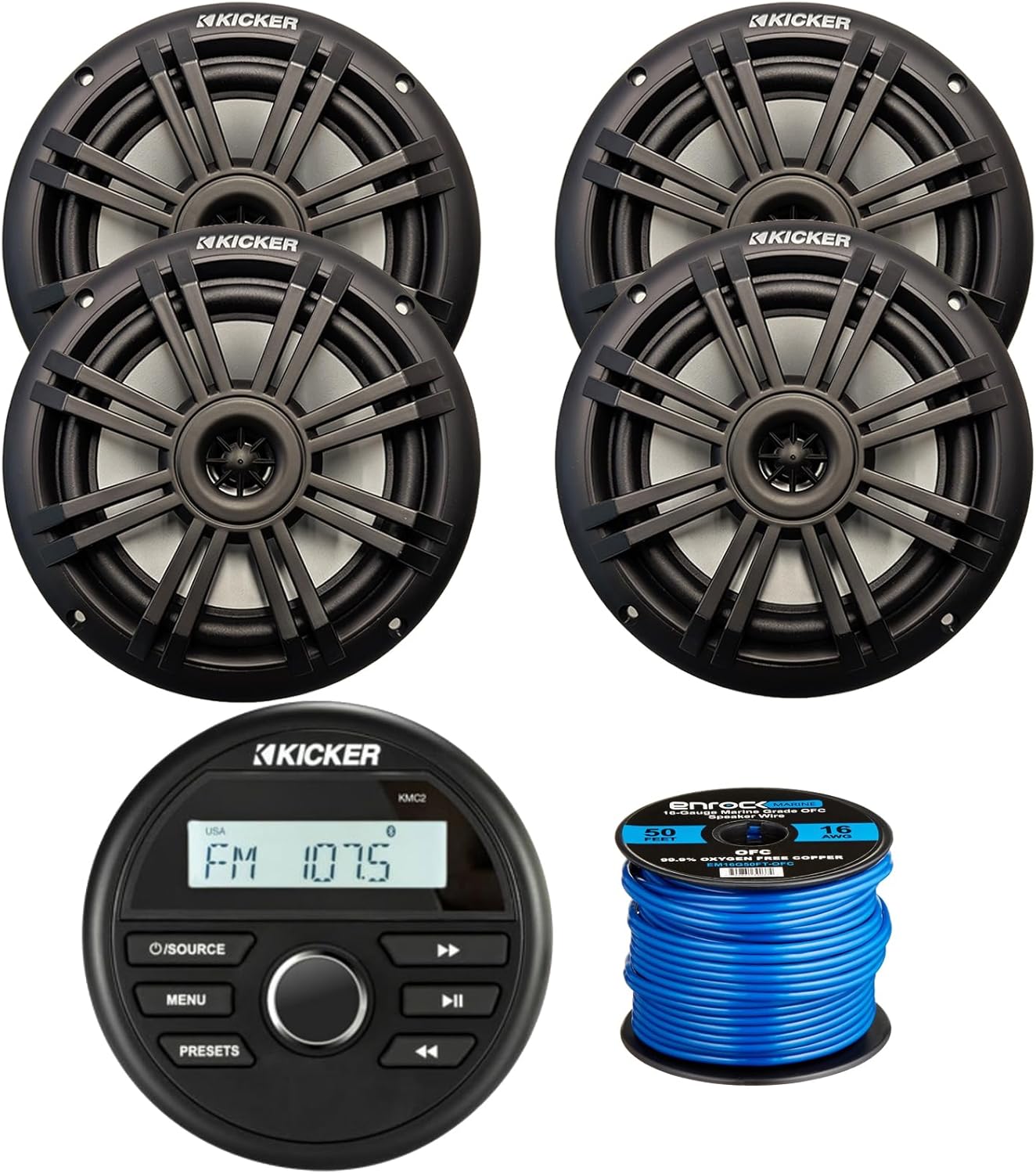 Kicker All-Weather Marine Gauge Style Bluetooth USB Stereo Receiver with 6.5