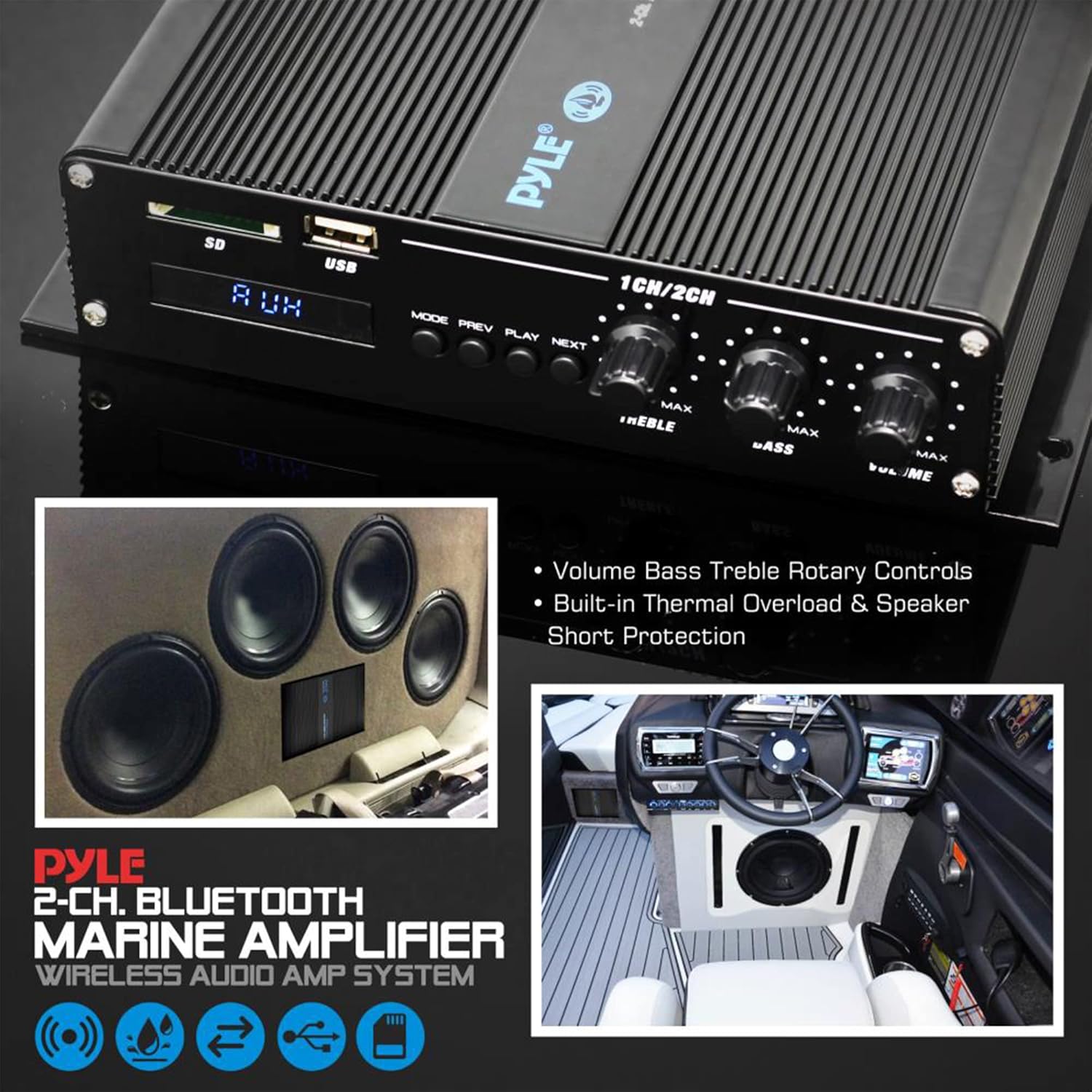Pyle 2-Channel Bluetooth Audio Marine Amplifier-200 Watt Power Compact Weather Resistant Audio Amp Wireless Receiver System w/MP3,USB,SD Reader,LCD Digital Screen-Pyle(PFMRA340BB.5)