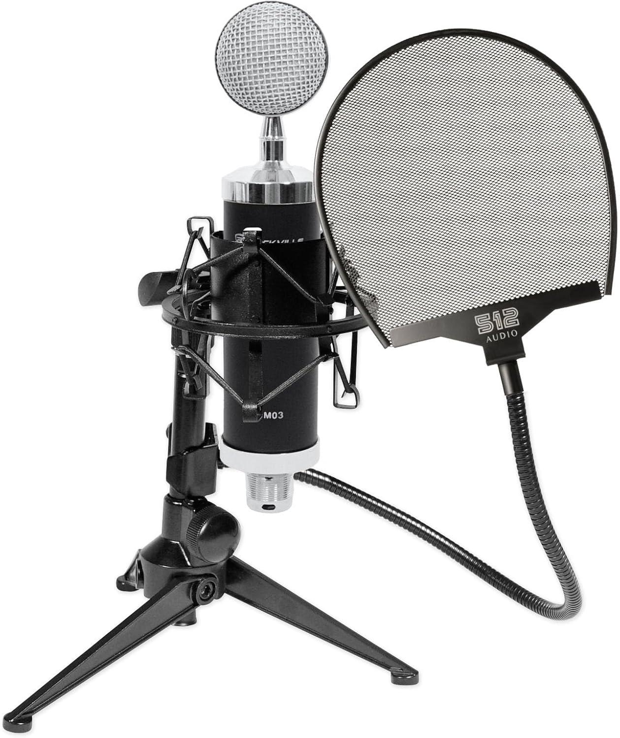Rockville RCM03 Bundle: Studio Condenser Cardioid Microphone with Metal Shock Mount, RDTS Adjustable Desktop Tripod Stand, 512-POP Professional Metal Pop Filter, 3-Items