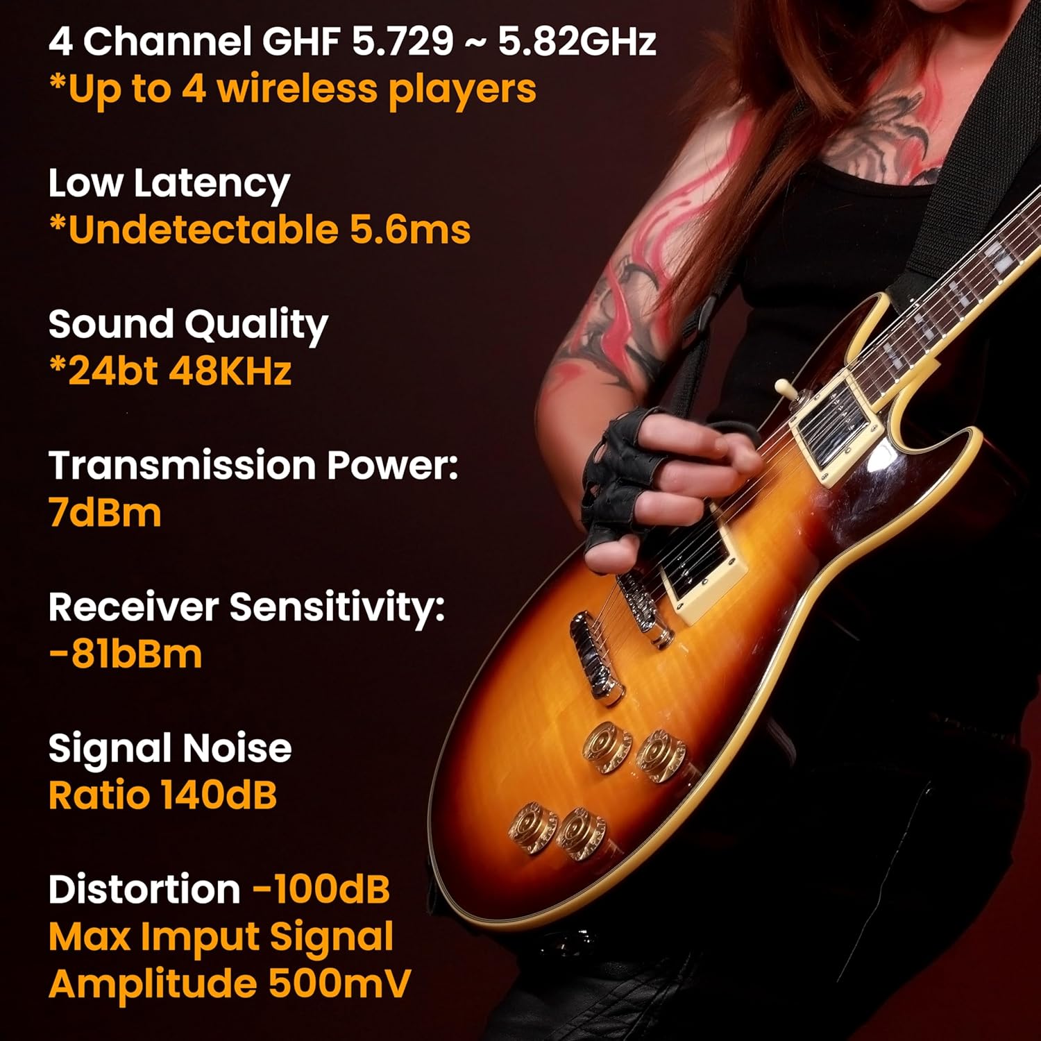 Pyle Wireless Guitar System, 5.8GHz Wireless Guitar Transmitter Receiver for Guitars Bass Violin with Ultra-Low Latency Response Lossless Transmission, Zero Background Noise, Up to 4 Channels