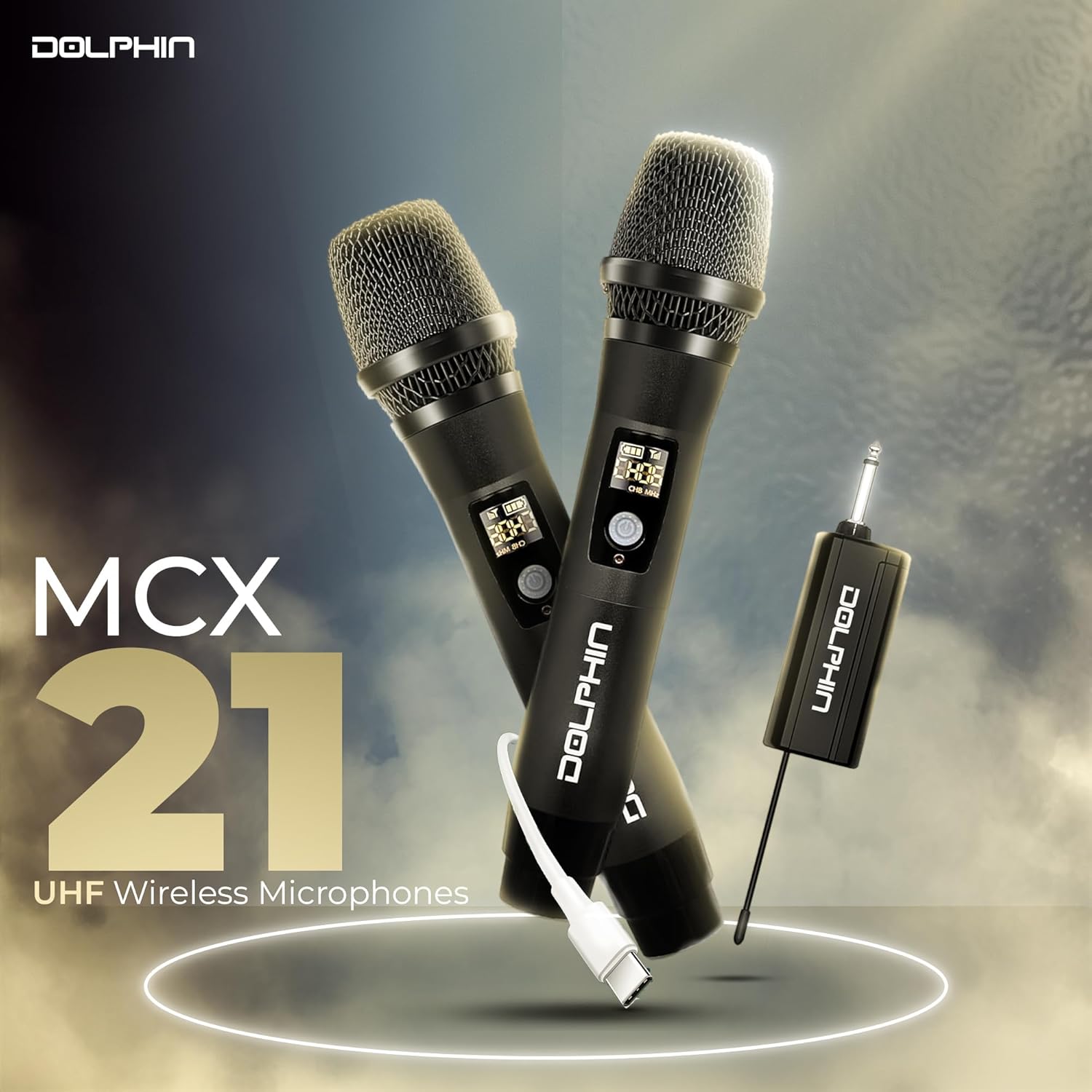 Dolphin MCX21 Wireless Microphone System with 2X Mics, UHF, USB-C Rechargeable, Noise Cancellation, DSP, Long Range, Anti-Interference for Karaoke, Weddings, Parties, and Events