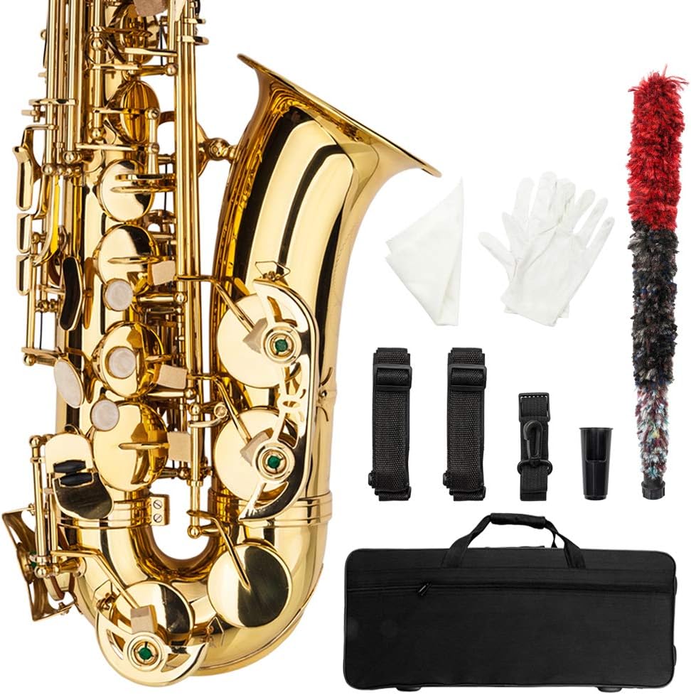 Alto Saxophone E Flat Brass Sax Beginners Kit With Mouthpiece, Neck Strap, Cleaning Cloth Rod, Gloves, Hard Carrying Case With Removable Straps.Gold Lacquer