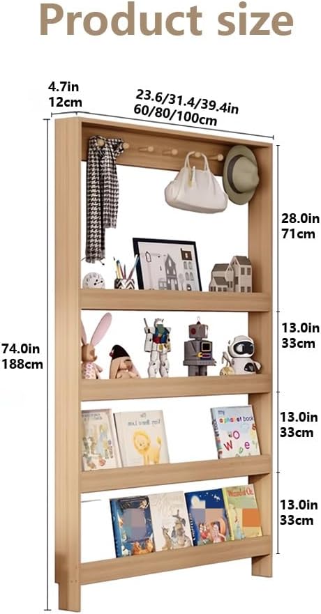 5-Tier Wall-Mounted Bookshelf for Behind-The-Door Storage – Wooden Narrow Bookcase with Open Shelves, Space-Saving Organizer for Books, Toys, and Decor(Brown,Large(39.4in))