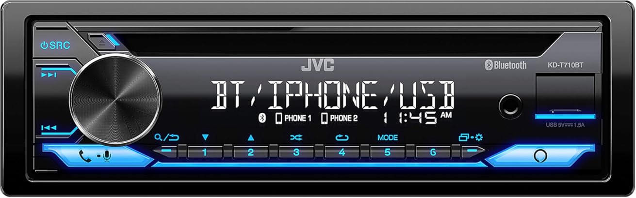JVC KD-T710BT - CD Car Stereo, Single Din, Bluetooth Audio and Hands Free Calling w External Microphone, CD, MP3, USB, AUX Input AM/FM Radio, High Power Amp, Amazon Alexa Voice Control