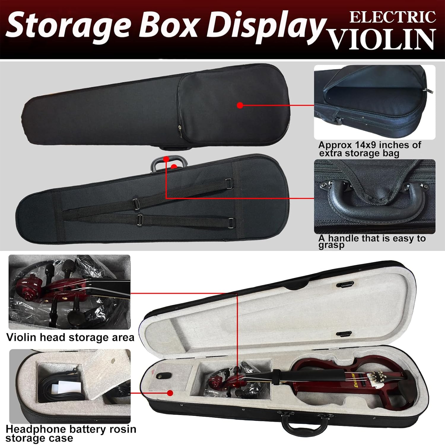 ENNBOM Beginner 4/4 Electric Violin Ebony Silent Violin Electric Violin Introductory Set (Wine red)