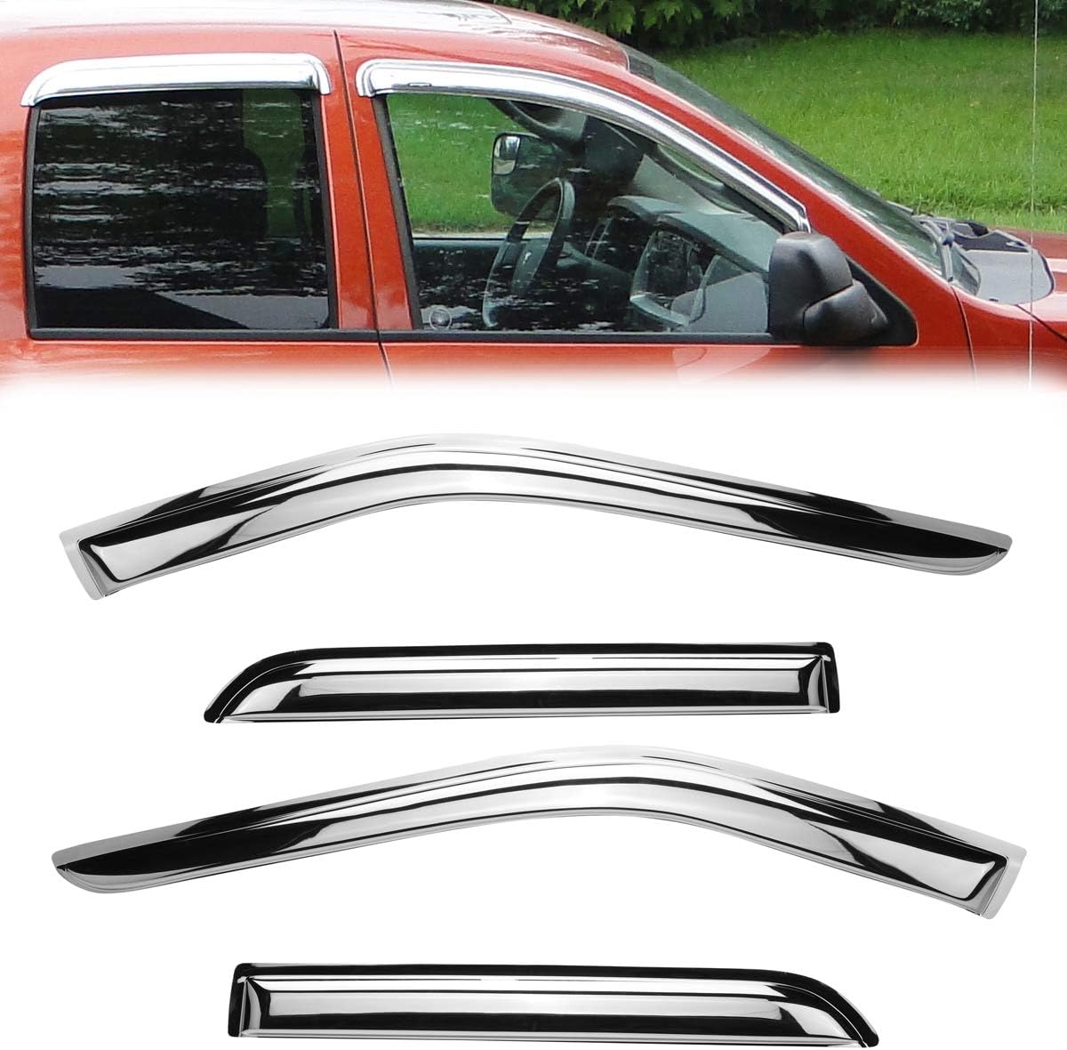 94040Y Chrome Side Window Visor Wind Vent Deflector,4pc Outside Mount Style Shade Sun Rain Guards Set for 2007-2013 Chevy Silverado/GMC Sierra 1500,07-14 Silverado 2500 HD/3500 HD Extended Cab