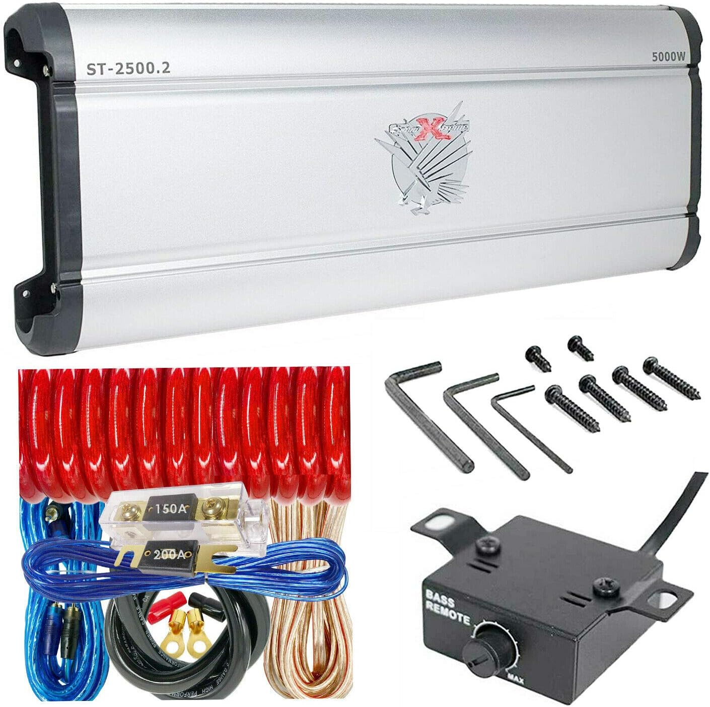 SoundXtreme ST-2500.2 2 Channel Car Audio Stereo Amplifier 2 Ohm Stable 5000 Watts with Remote Subwoofer Level Control + 0 Gauge Amplifier Installation Kit