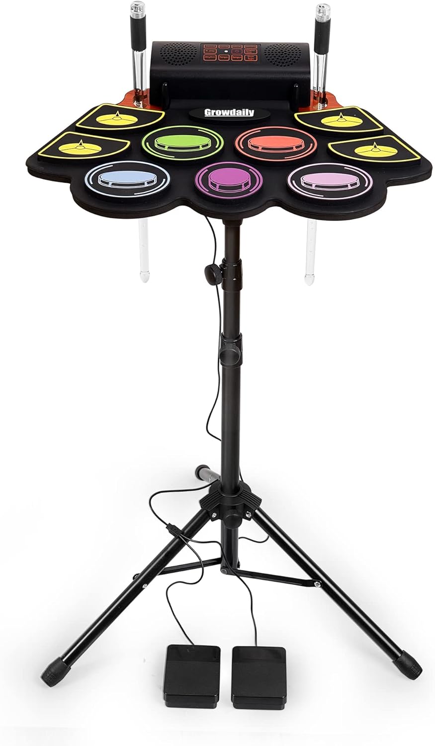 Electric Kids Drum Set,Electronic Drum Set Practice 9 Pads With Stand,Music Recording,Light Up Drum Sticks,Drum Pedal,Midi,Dual Stereo Speaker(Rainbow)