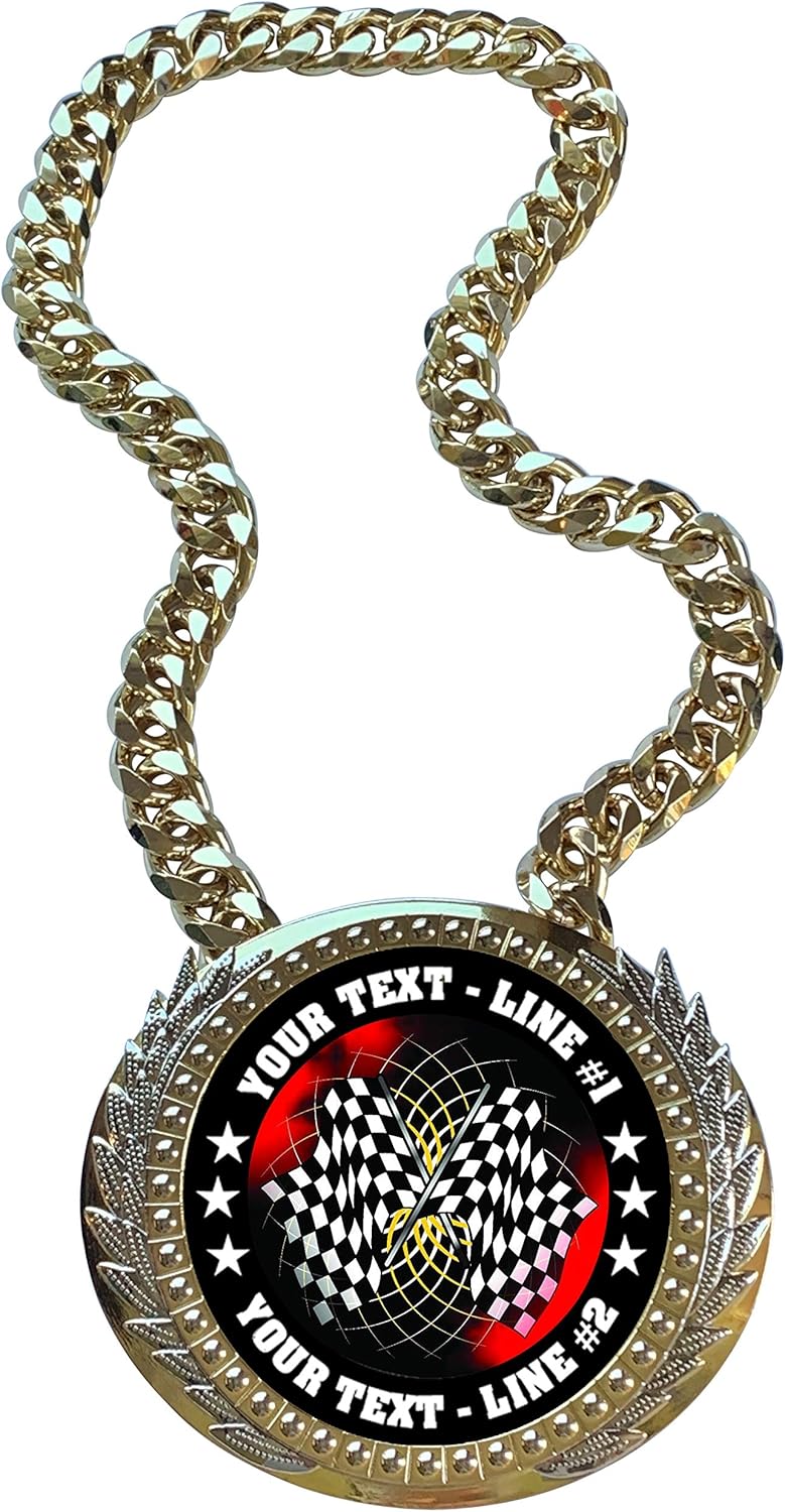 Express Medals Metal Version Auto Racing Flags Champ Chain Trophy with 2 Lines of Personalized Custom Text on a Large Award Medal and Attached 34 inch Long Metal Neck Chain. FCL436