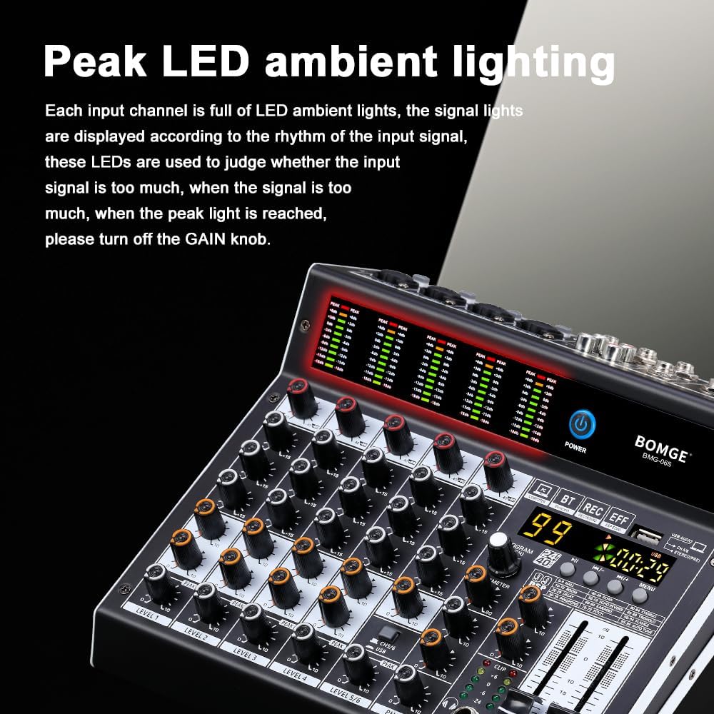 BOMGE Professional audio mixer 6 Channel Mixing Console with 99 DSP Effect,+48V Phantom, Bluetooth,USB Interface.2 AUX.FX Processor for studio recording & Live Performances