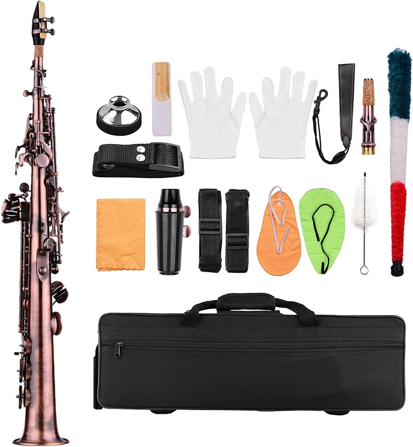 Sax Beginners Kit Straight Bb Saxophone Saxophone Sax Woodwind Instrument Carve Pattern with Case Gloves Cloth Straps Brush Wind Instrument