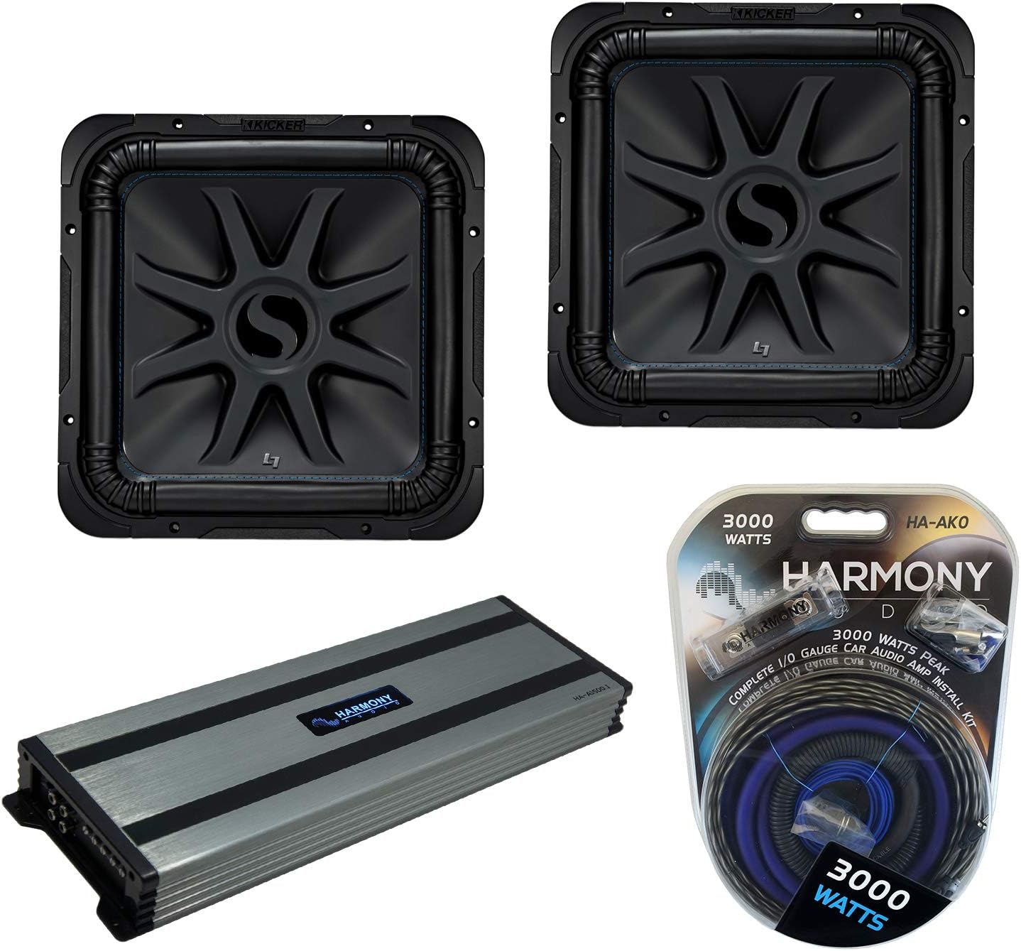 Harmony Audio (2) Harmony Audio HA-A1500.1 Car Stereo Class D Amp Mono 3000W Subwoofer Amplifier, 44L7S152 Solo-Baric 15 Subwoofer Square L7 Dual 2 Ohm & HA-AK0 Complete 1/0 Gauge 3000W Install Kit