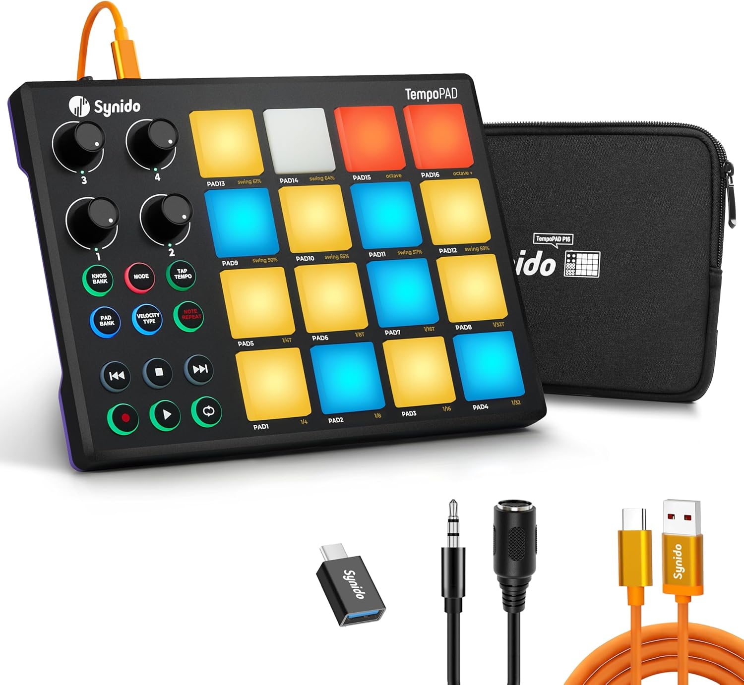 Synido TempoPAD Midi Controller Beat Maker Machine for Music Production, Portable USB MIDI Beat Pad Controller for Beginners with Durable Carrying Bag, 16 Backlit Beat Pad, 4 Assignable Knob