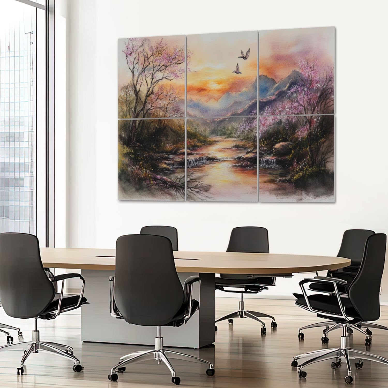 6 Pack Art Acoustic Panels Sound Absorbing Cherry Blossom Trees Mountains Birds Sunset Sky Watercolor Technique Decorative Soundproof Wall Panels Self Adhesive for Recording Studios Office 72
