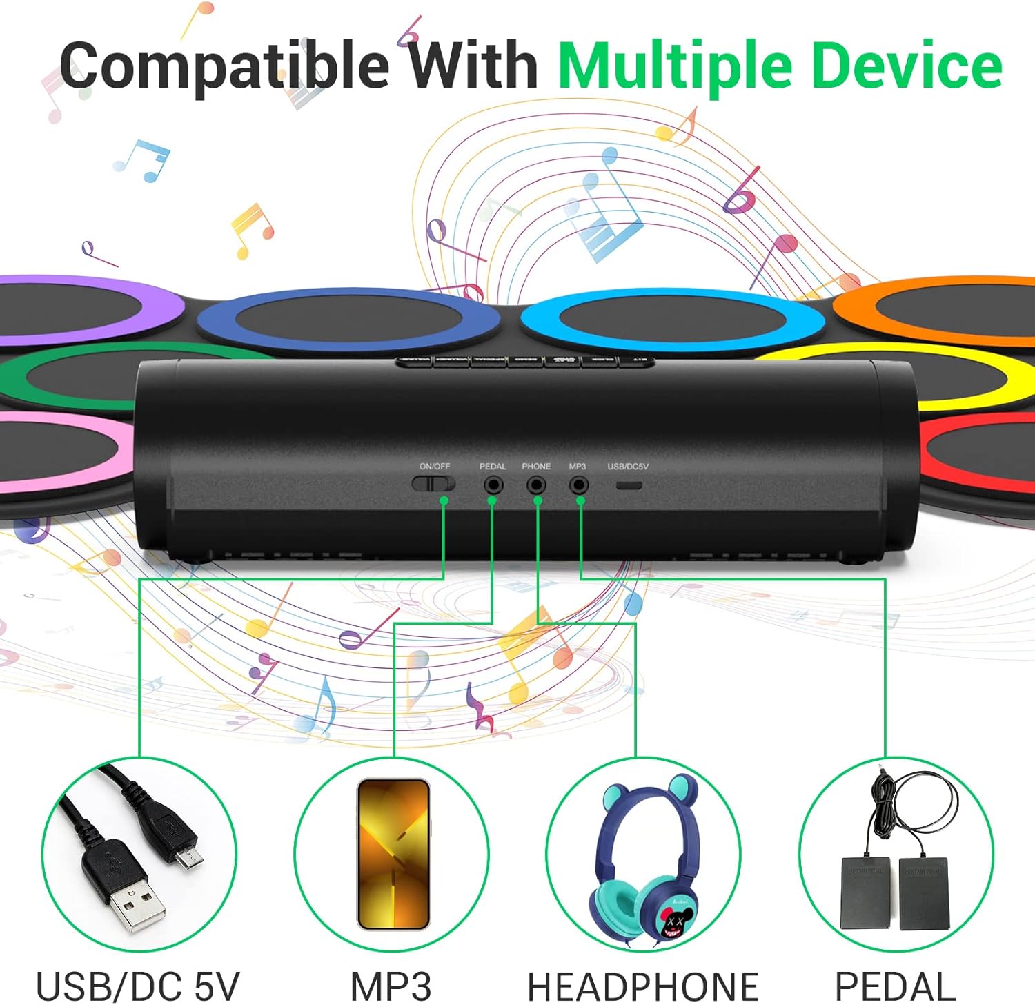 ROCKSOCKI Electric Drum Set 9-Pad With Headphone, Bigger Roll-up Drum Pad USB MIDI Game, Built-in Speaker, Drum Sticks, Foot Pedals 10 Hours Playtime Holiday Xmas Birthday Gift for Kids