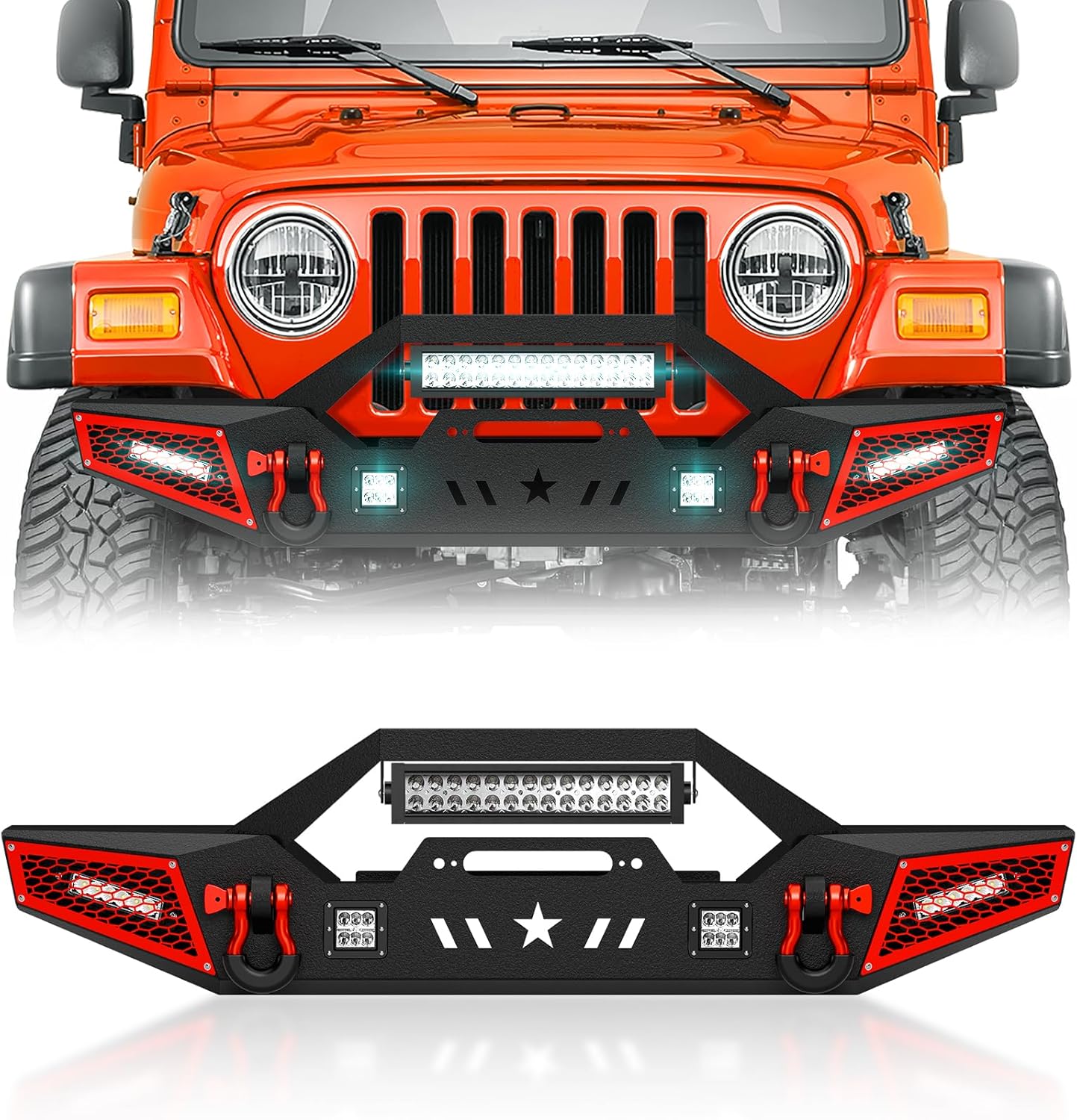 Front Bumper Compatible with 1987-2006 Jeep Wrangler TJ YJ LJ Rock Crawler Front Bumper Include Winch Plate, Paintable Armor, 1 x 312W LED Light and 4 x 18W LED Lights & D-rings (2/4 Doors)