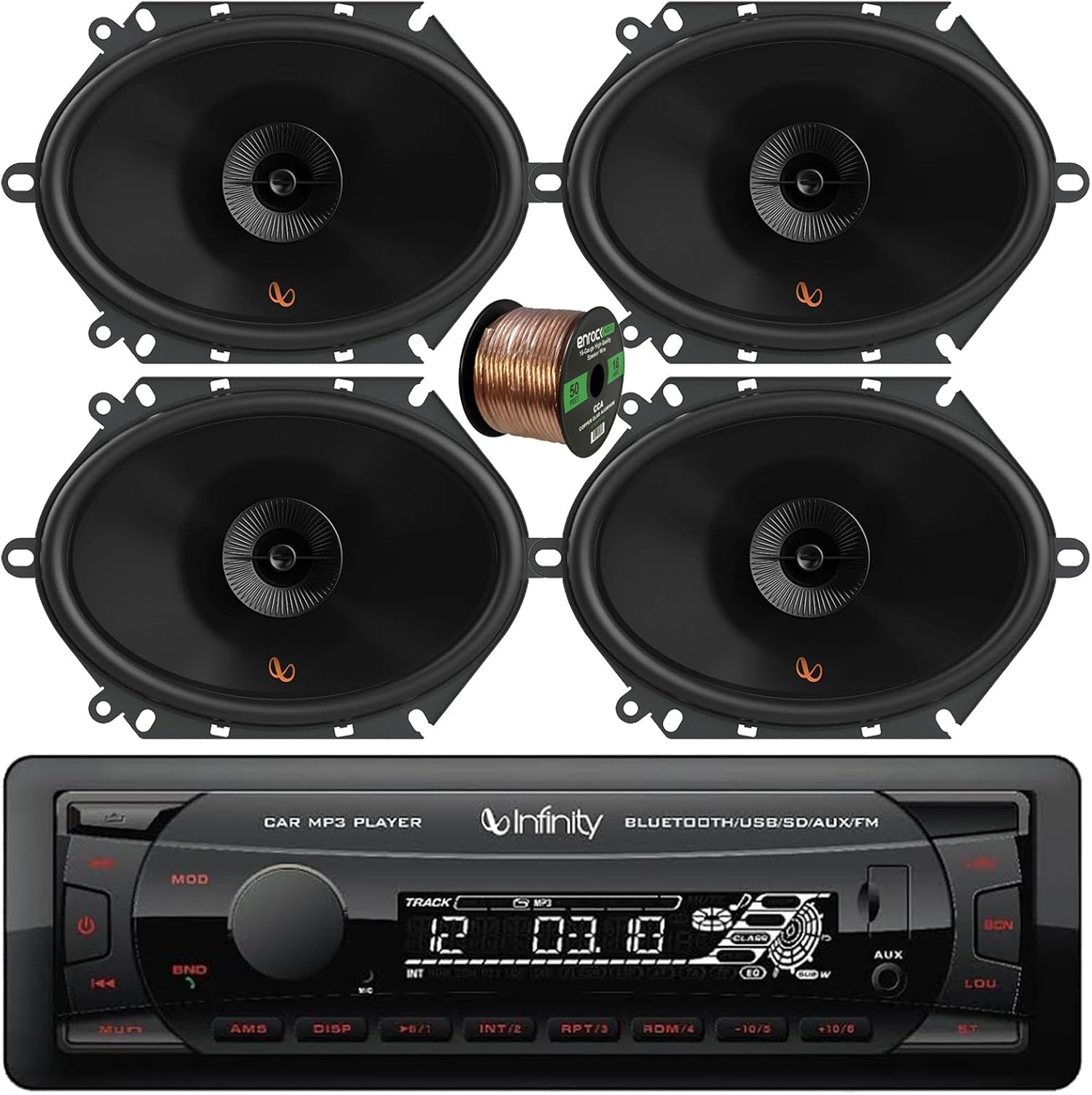 Single DIN in Dash Bluetooth USB/AUX/SD FM Digital Media Black MP3 Car Receiver Bundle Combo with 6x8 150 Watt Peak Power Multi-Element 2-Way Automotive Speakers (2 Pairs), Speaker Wire