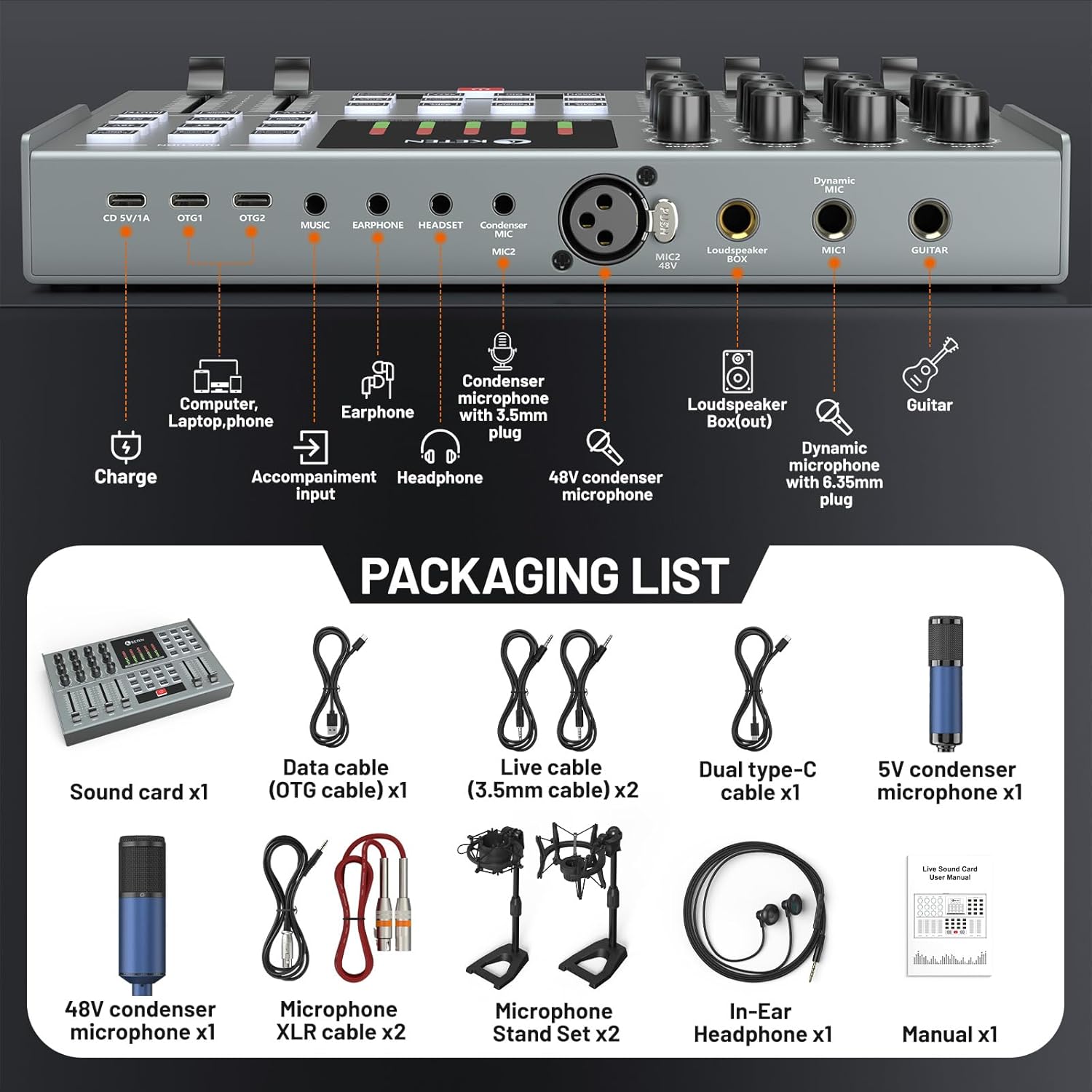 Podcast Equipment Bundle For 2, Keten Audio Interface with 48V & 3.5MM XLR Condenser Microphones for All-In-One DJ Mixer, Smartphone & PC, Perfect for Podcasting, Recording, Singing, Streaming, Gaming