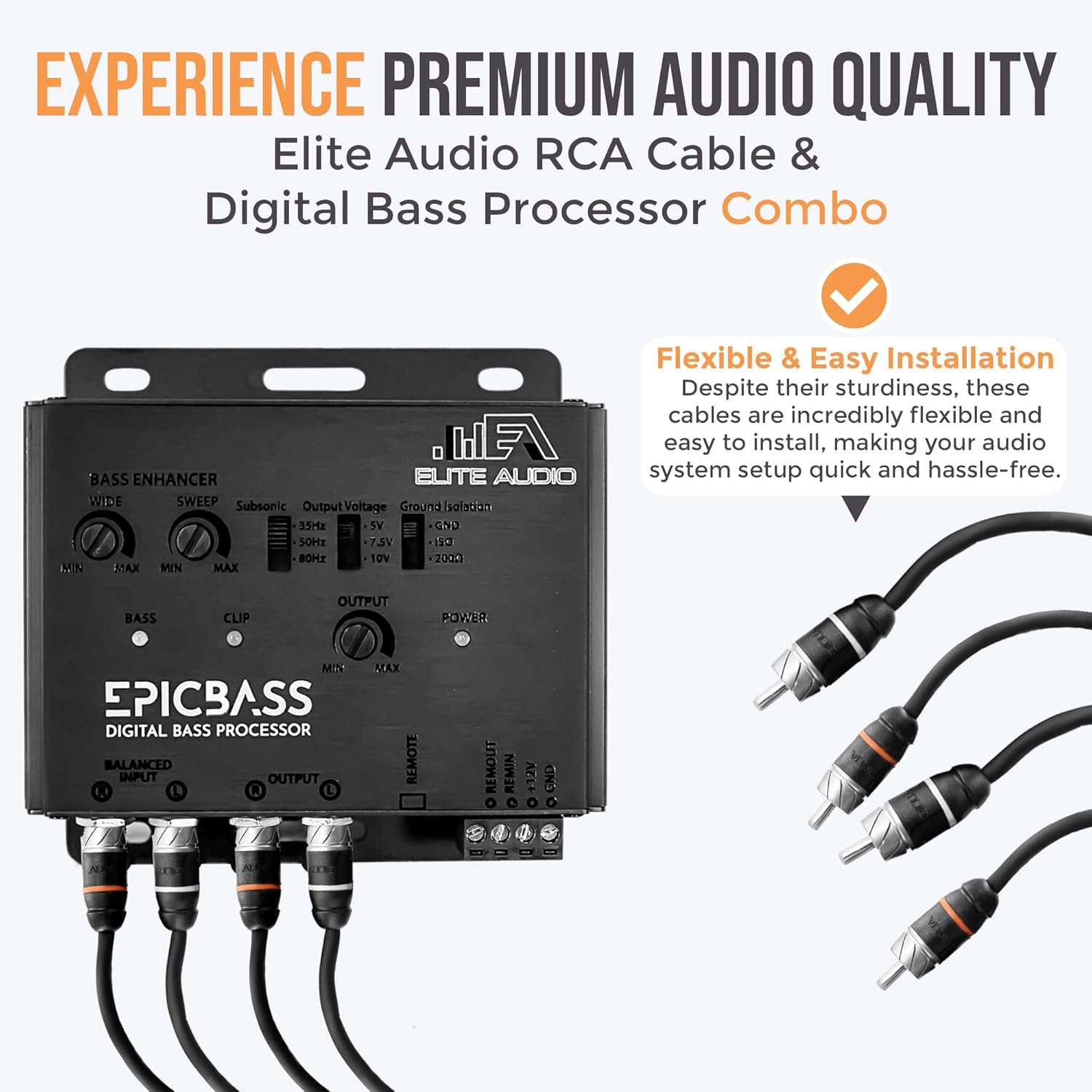 Elite Audio Epic Bass Digital Bass Restoration Kit - Epic Bass Processor with 3ft. & 17ft. Oxygen Free RCA Cables - Boosted Bass Performance, Remote Bass Control