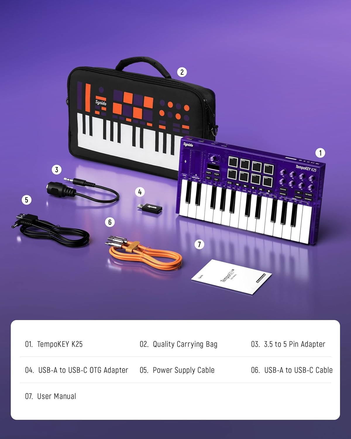 Synido 25 Key USB MIDI Keyboard Controller with Drum Pads, Professional Mini Midi Keyboard with OLED Screen, Beat Maker Machine for Music Production, Purple, TempoKEY K25