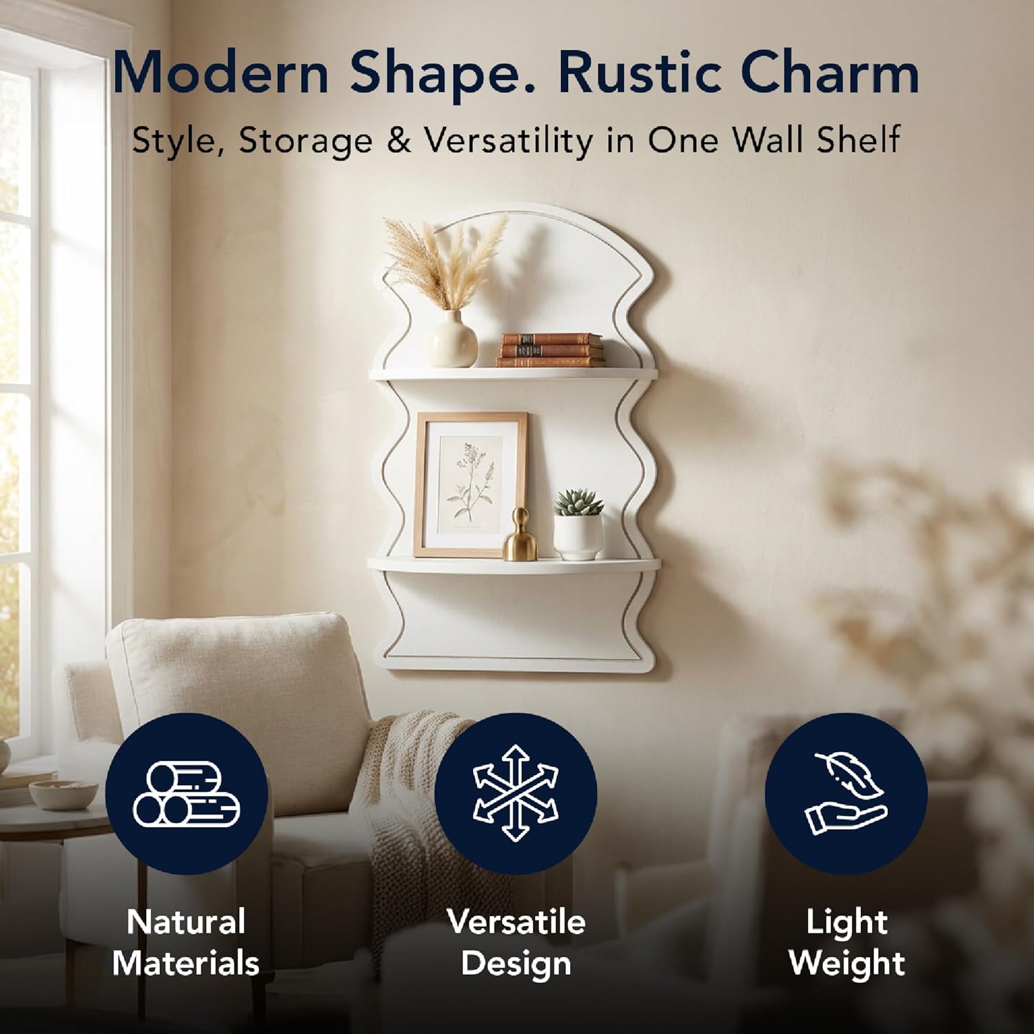 American Art Decor White Wavy Arched Lunar Ledges Wall Shelf, Wooden 2-Tier Floating Bookshelf for Wall, Carved Fluted Arch Display Shelf for Bedroom Bathroom Kitchen Living Room Decor, 14