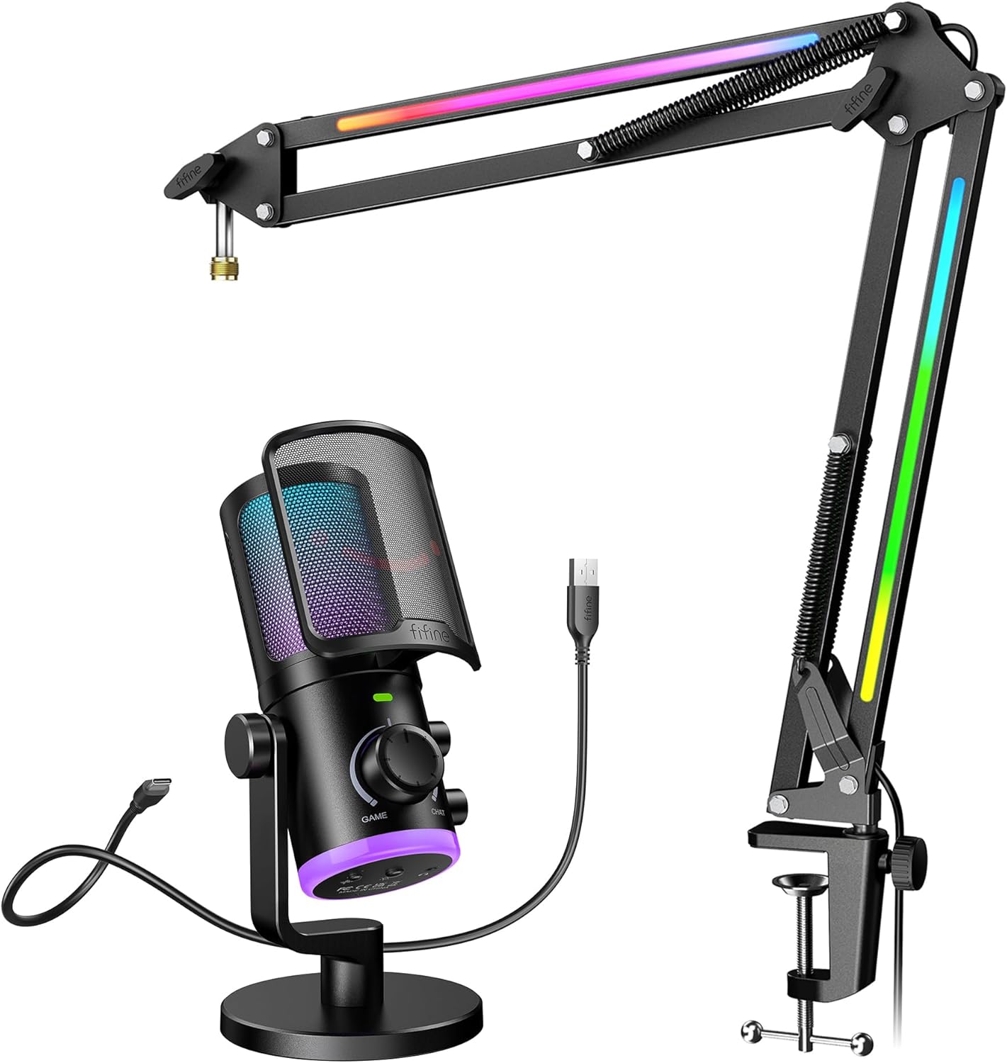 FIFINE USB Gaming Microphone with RGB Mic Boom Arm Bundle, PC Computer Condenser Microphone Kit with Game/Chat Mix Control, RGB Button, Noise Cancellation for Streaming Video (AM6+BM38)