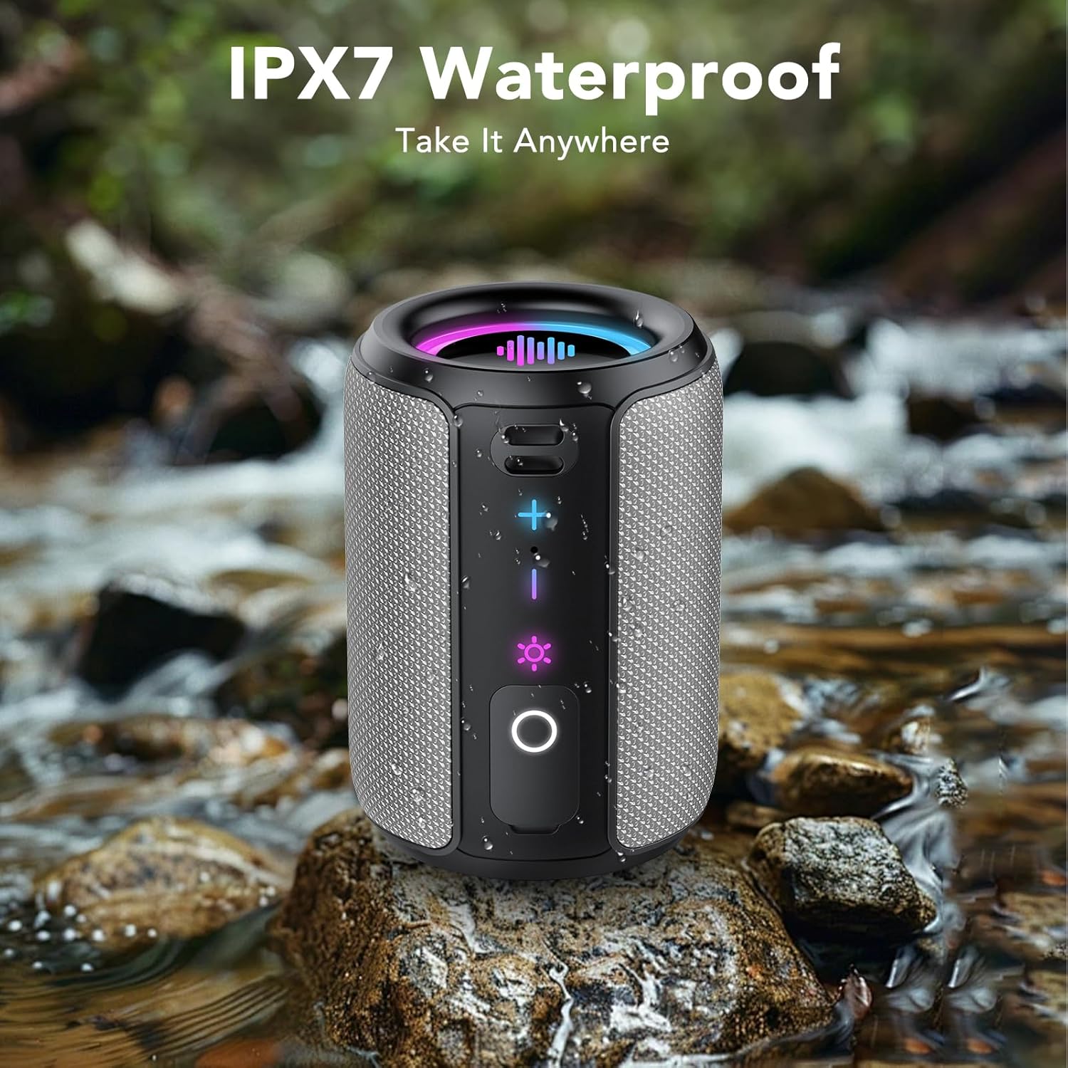 Portable Bluetooth Speaker with Lights, Bluetooth 5.4 Speaker, Powerful Crystal Clear Sound,All Day Playtime,15W Loud Stereo Sound, IPX7 Waterproof,TWS pairing for Outdoor/Home/Party/Travel,Gray
