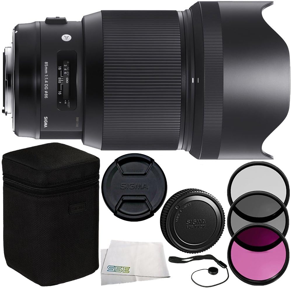 Sigma 85mm f/1.4 DG HSM Art Lens for F 7PC Accessory Kit - Includes 3 Piece Filter Kit (UV + CPL + FLD) + Cleaning Cloth + Lens Cap Keeper + More
