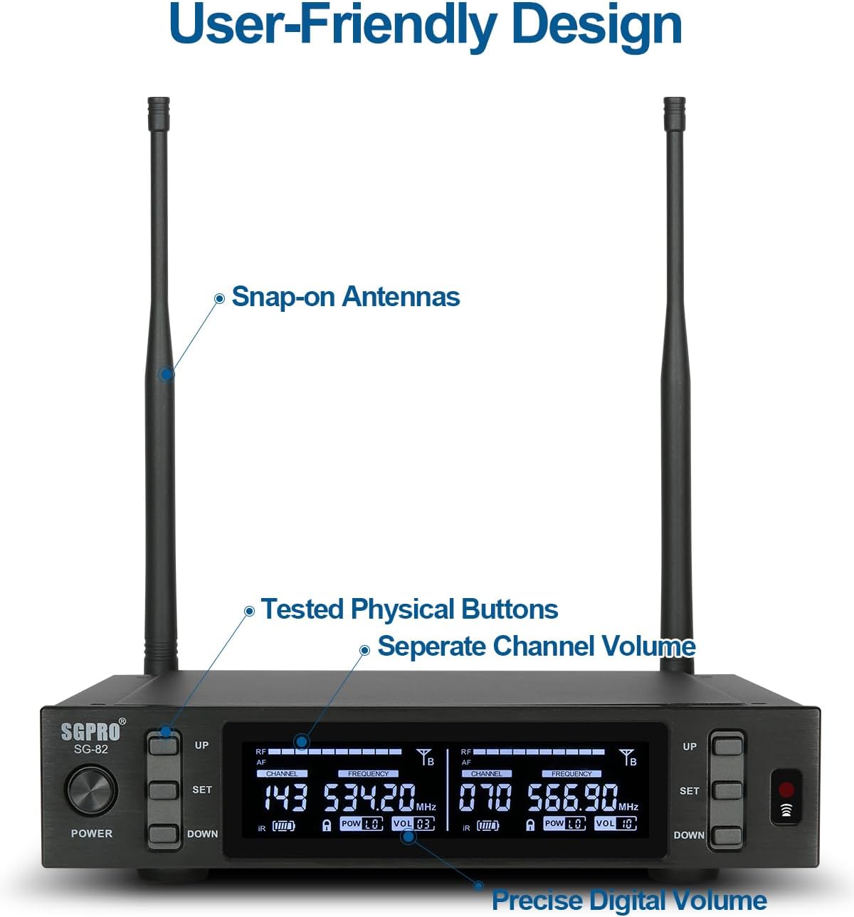 Dual Wireless Microphone System - Metal Transmitter & Receiver, 520-590 MHz Adjustable Frequency, Antenna Diversity, Superior Sound Quality, Ideal for Professional Audio and Events (SG-82BB)